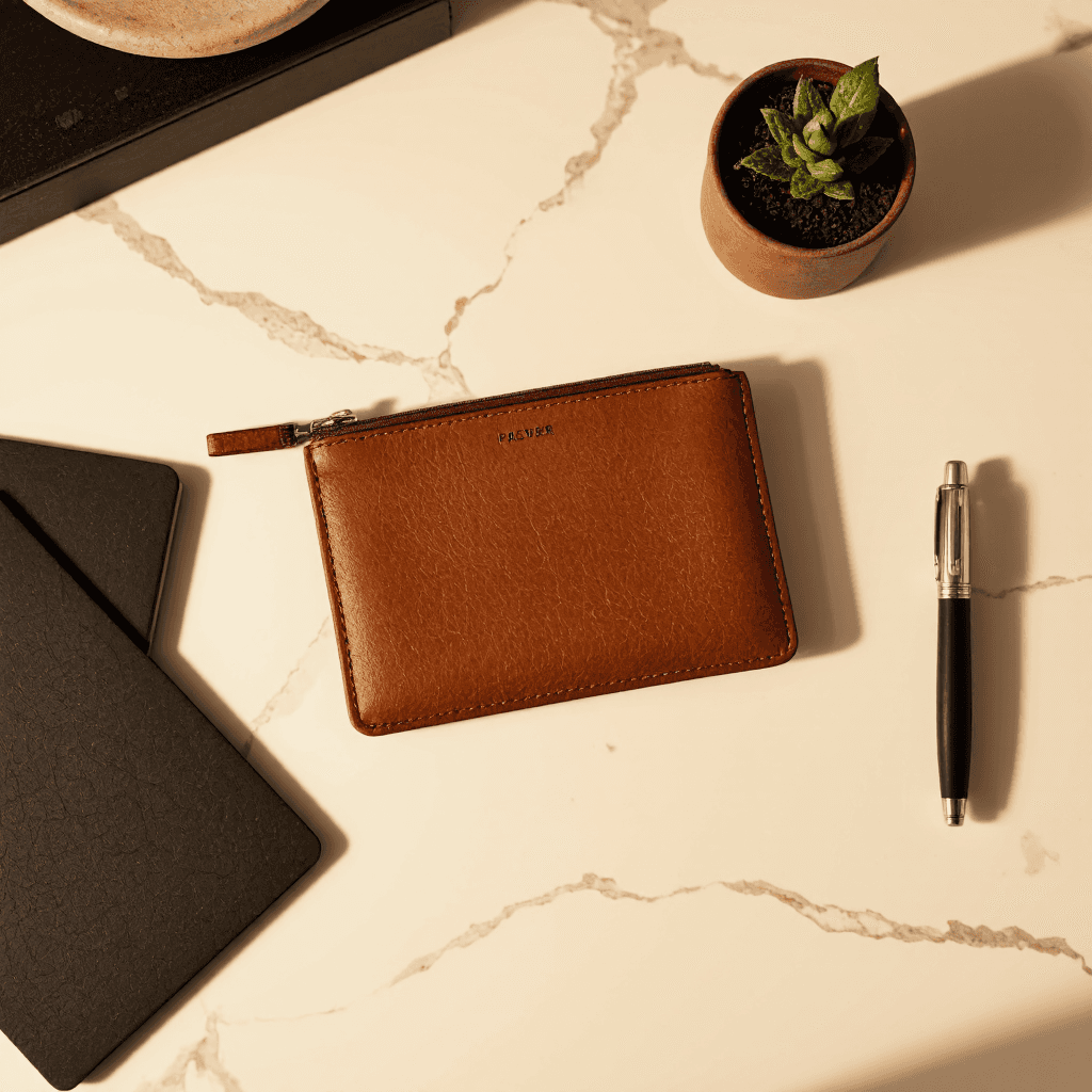 product photography of small leather pouch