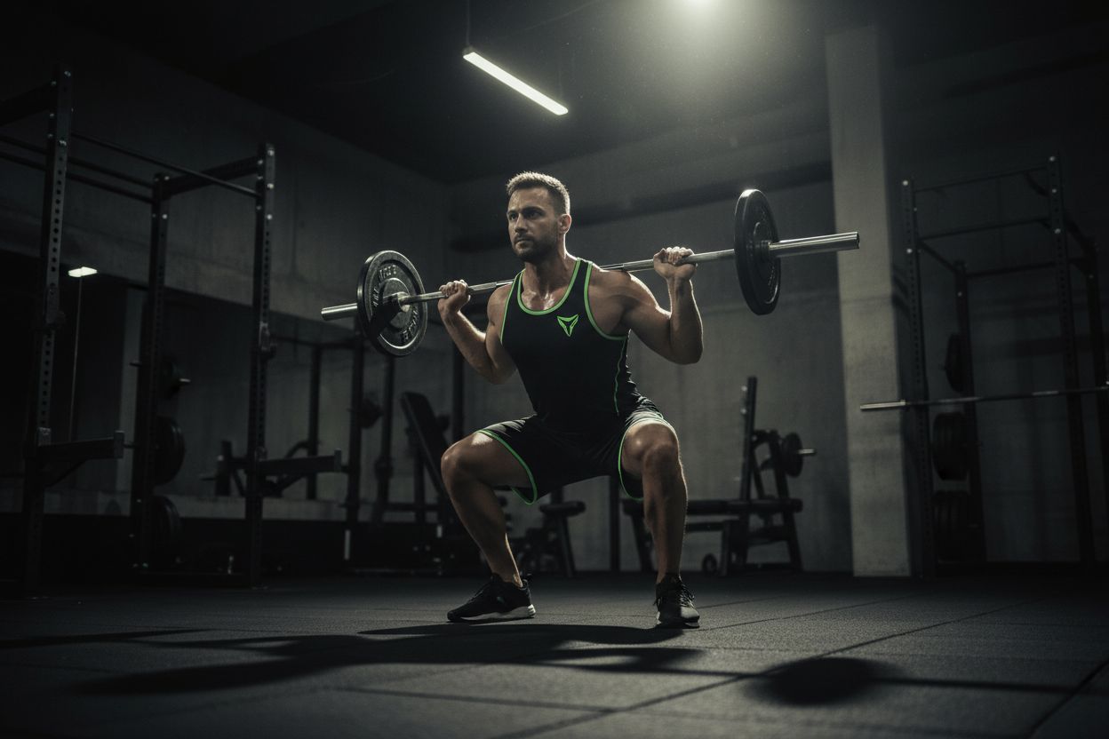 Man squatting with correct form in a gym
