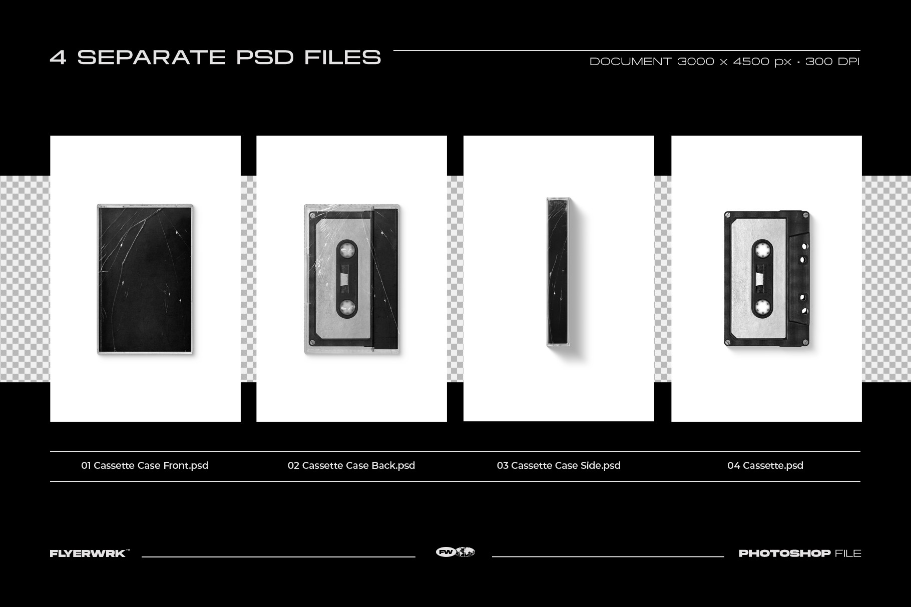 Set of four separate PSD files for the vintage cassette edition with scratched textures.