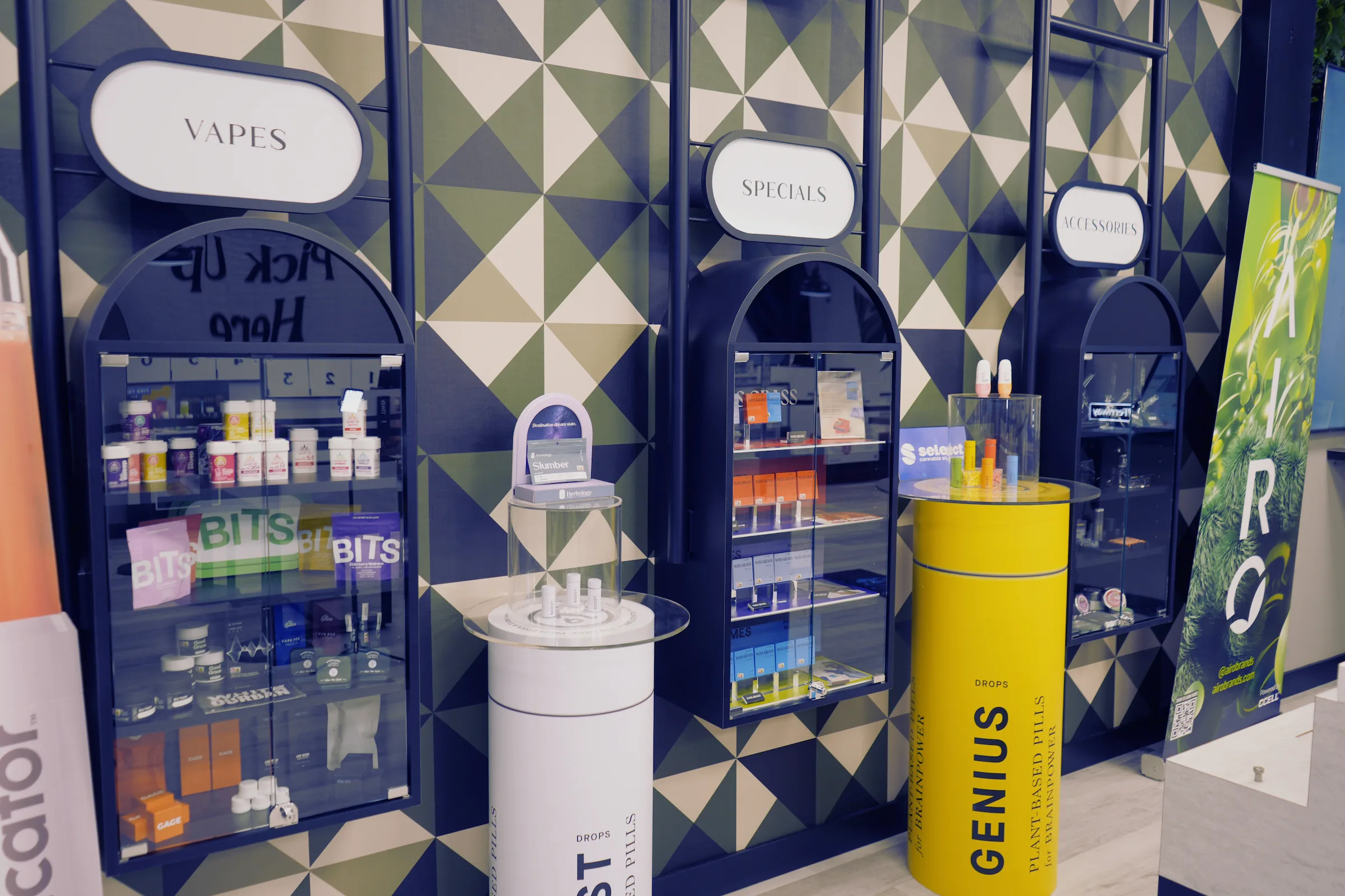 Product display shelves with vape and specials signage