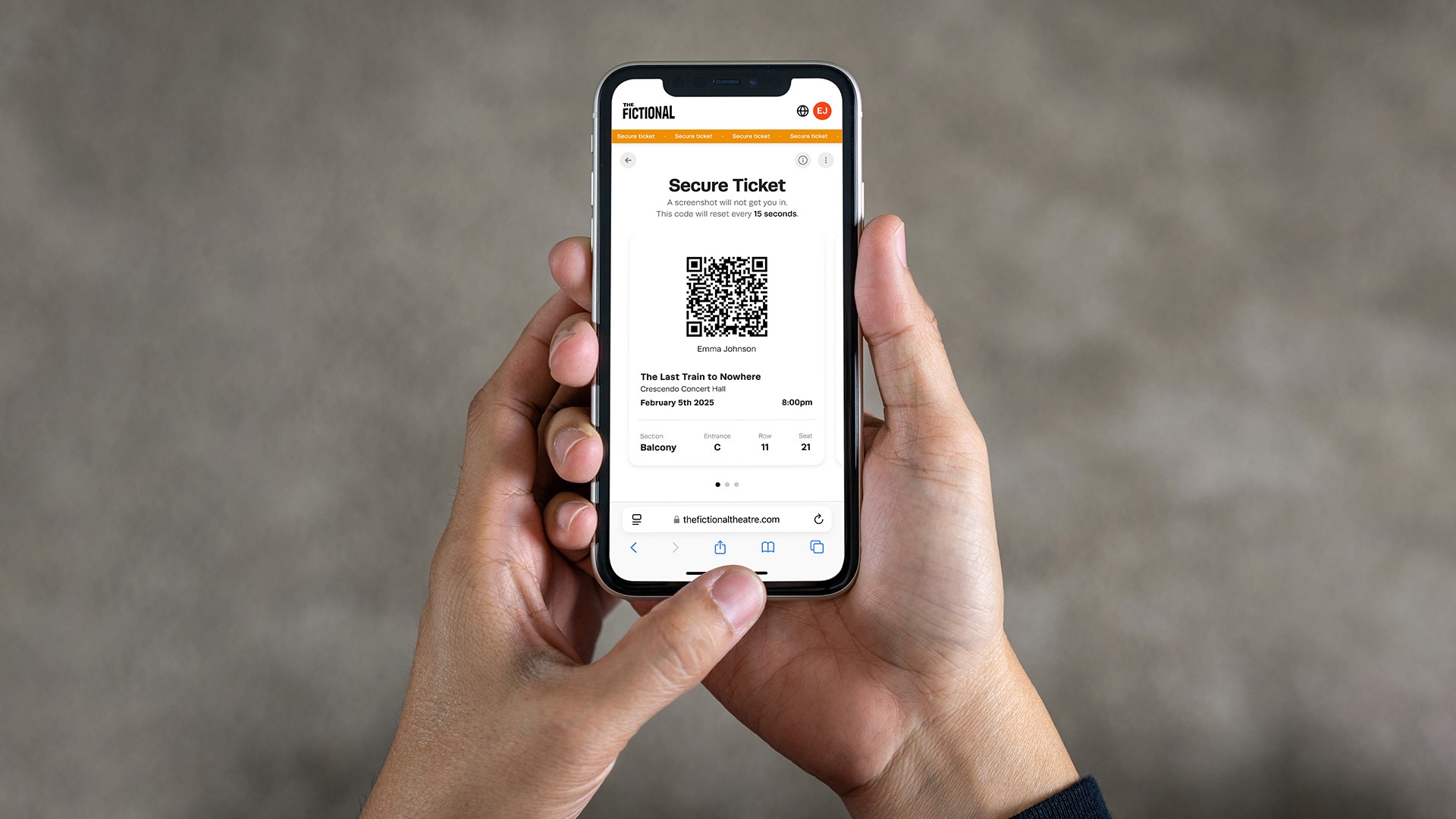 Secure ticket shown on mobile phone