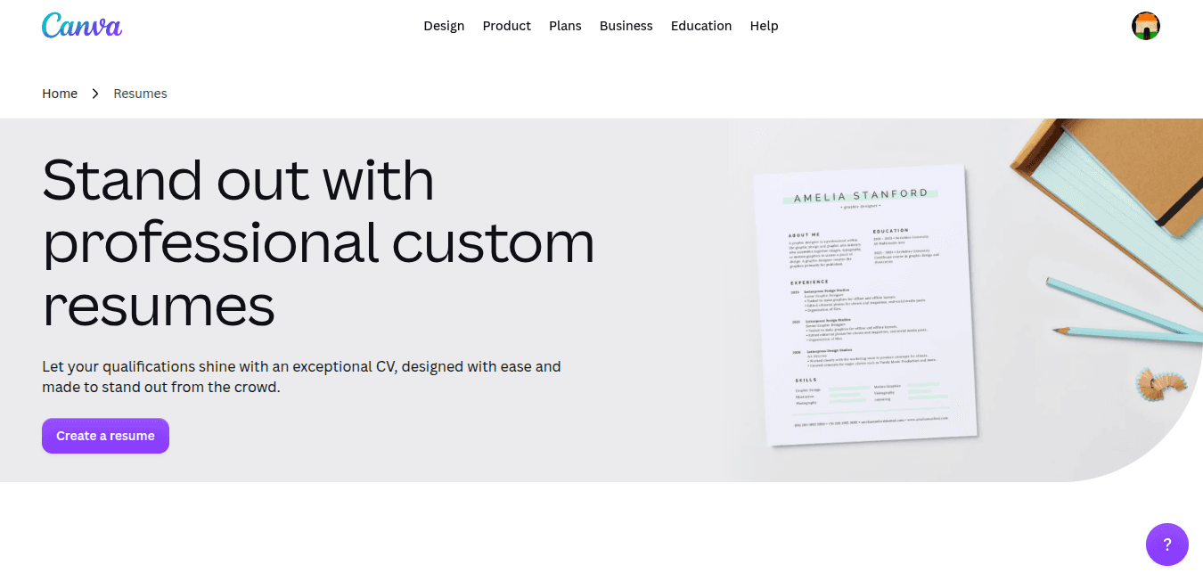 Canva resumes page showing a custom resume template built with its drag-and-drop editor