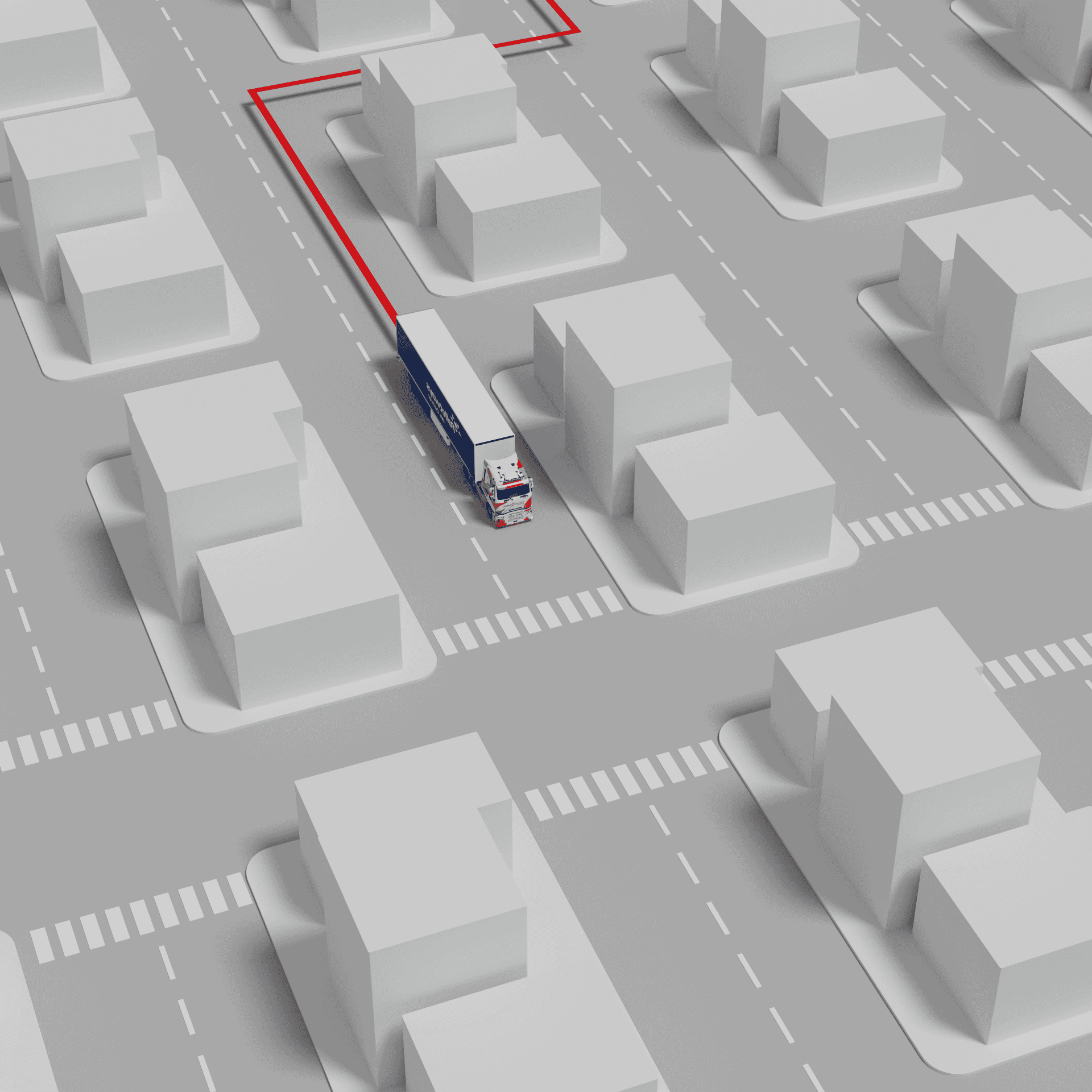 A Pallet Network Solution Truck navigating between buildings