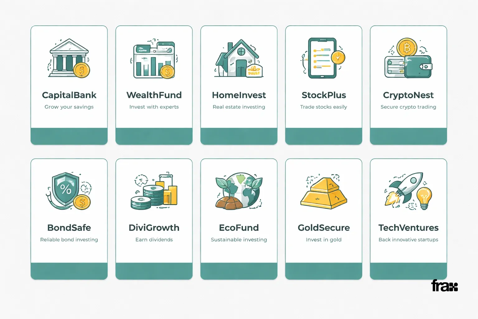 Visual representation of top 10 investment options in India 2026, displayed as minimalist cards with icons, names, and descriptions, using a light gray background and teal accent color.