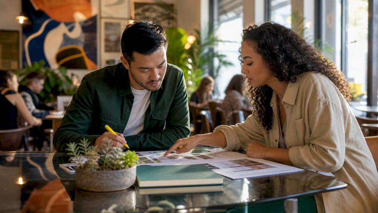 Diverse designers discussing client proposal documents