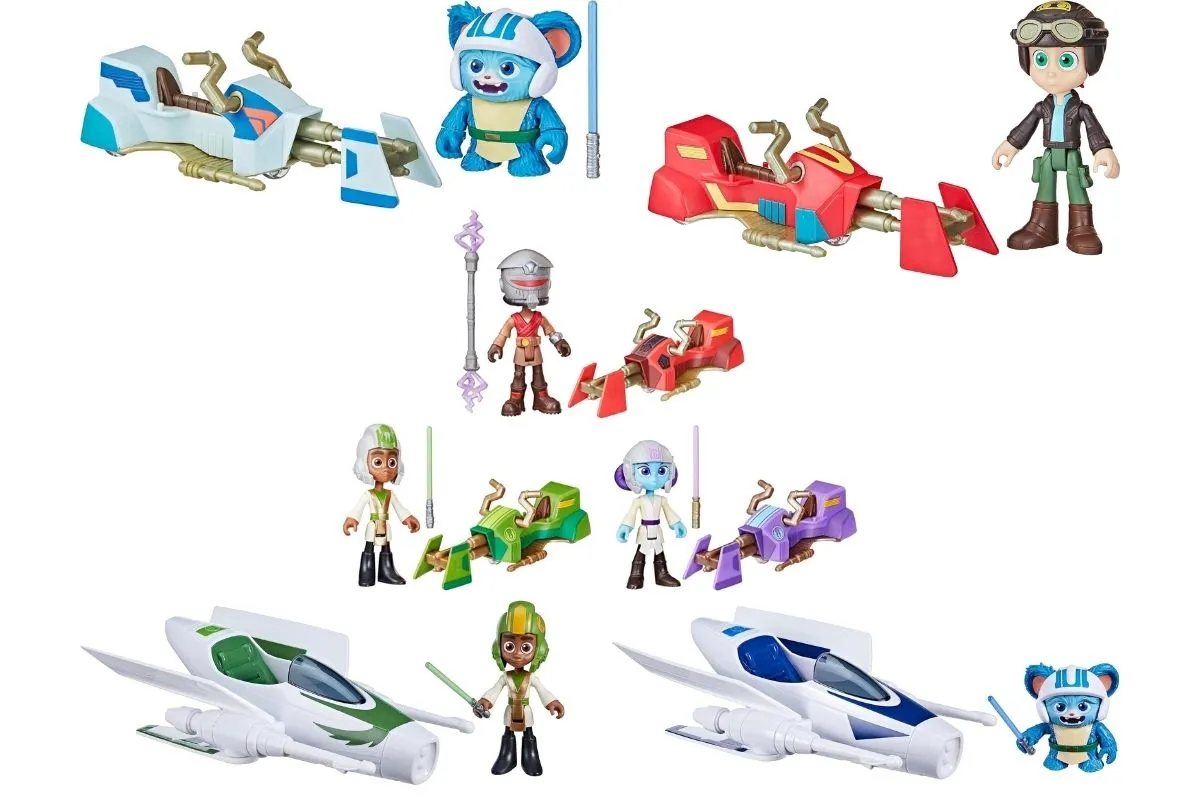 Assortment of 'Young Jedi Adventures' figures with speeders and ships.