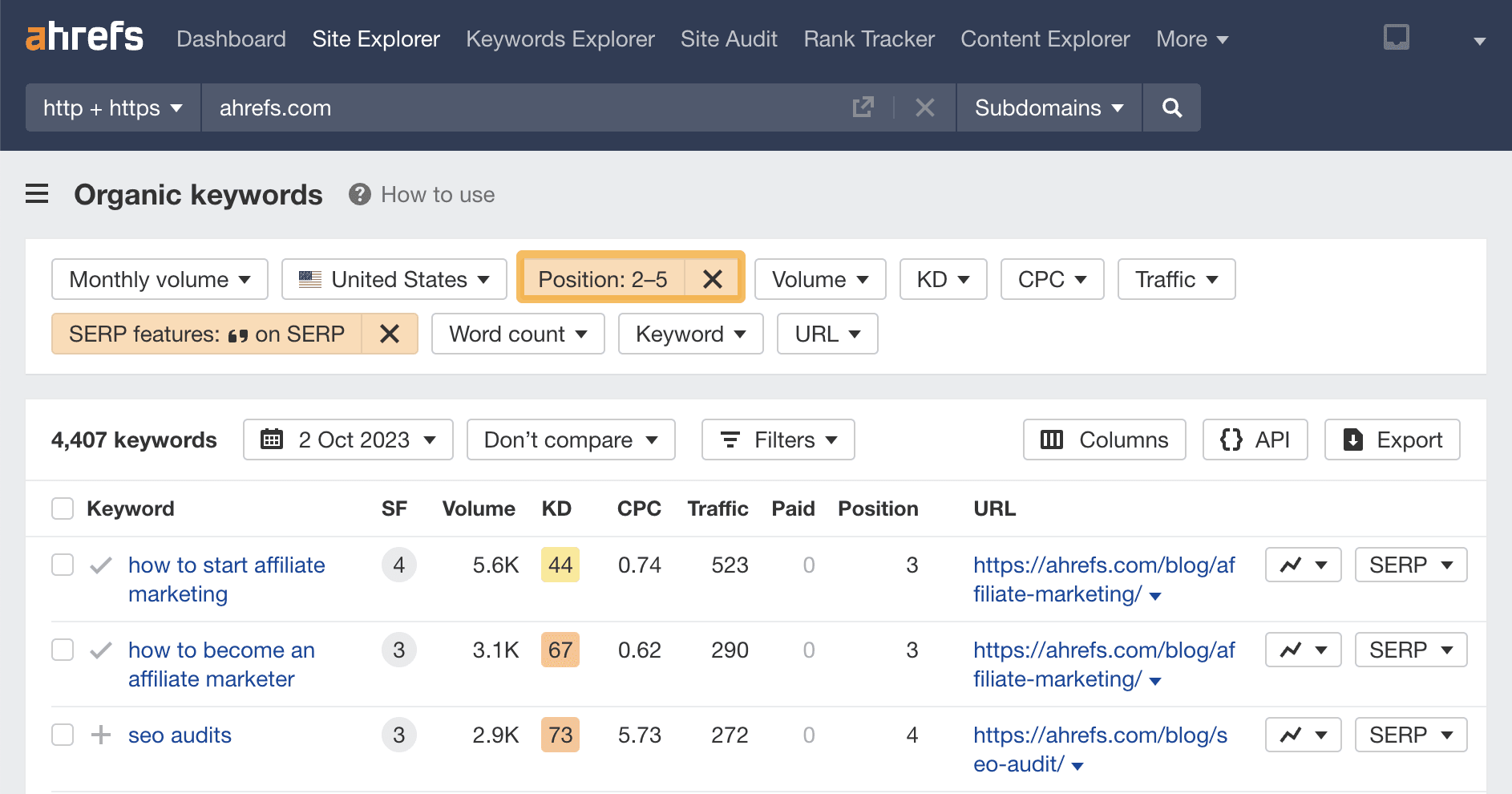 Highlight of positions 2-5, via Ahrefs' Keywords Explorer
