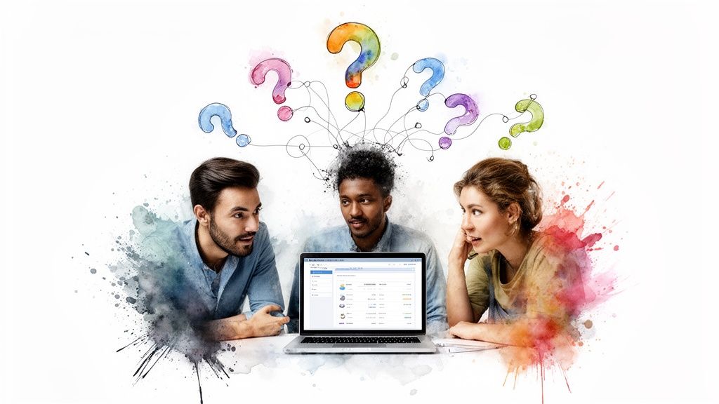 Diverse team discusses data on a laptop, surrounded by colorful question marks and watercolor splashes.