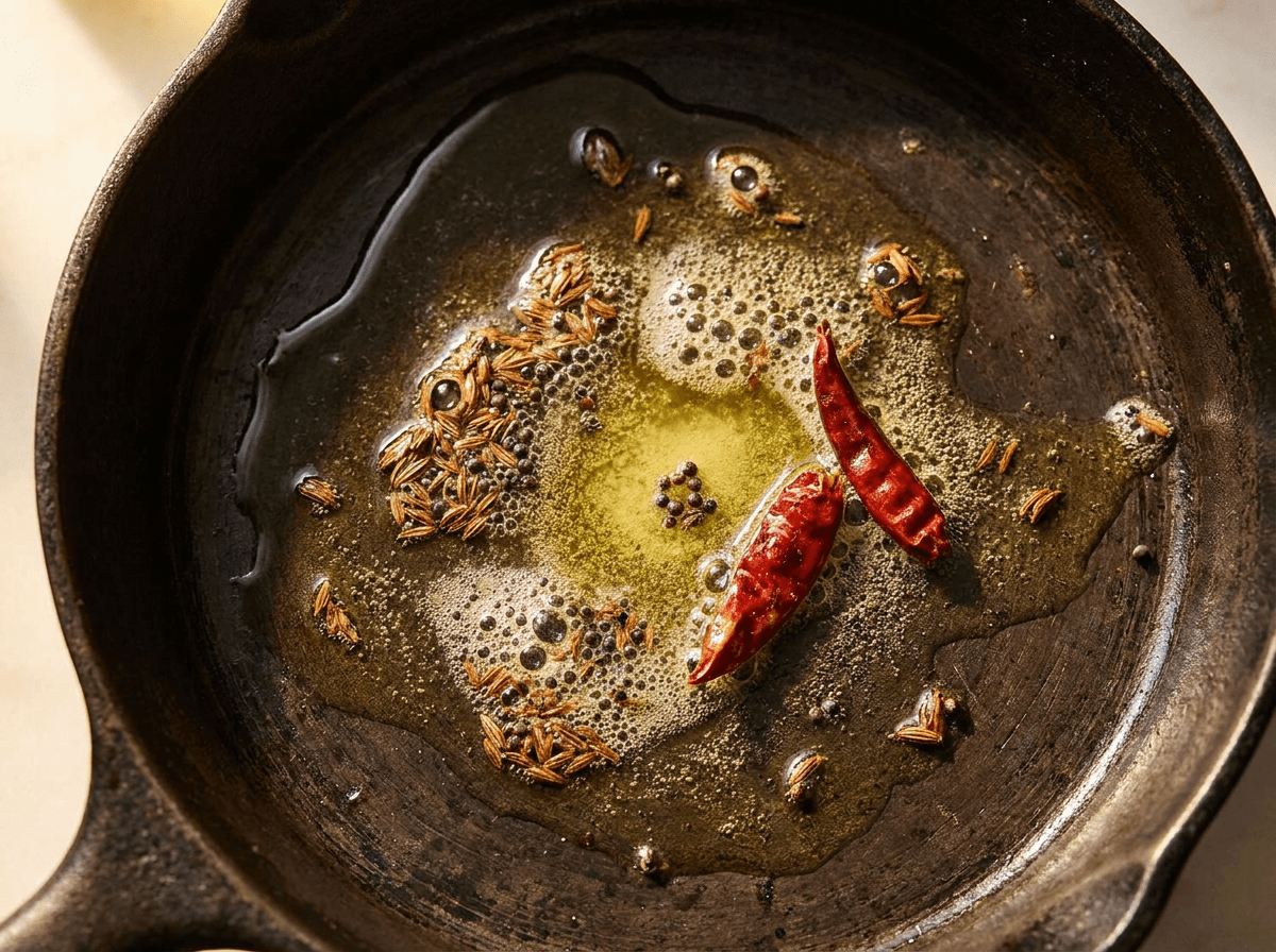 Ghee melting in cast-iron skillet with whole cumin, mustard seeds, and dried chili