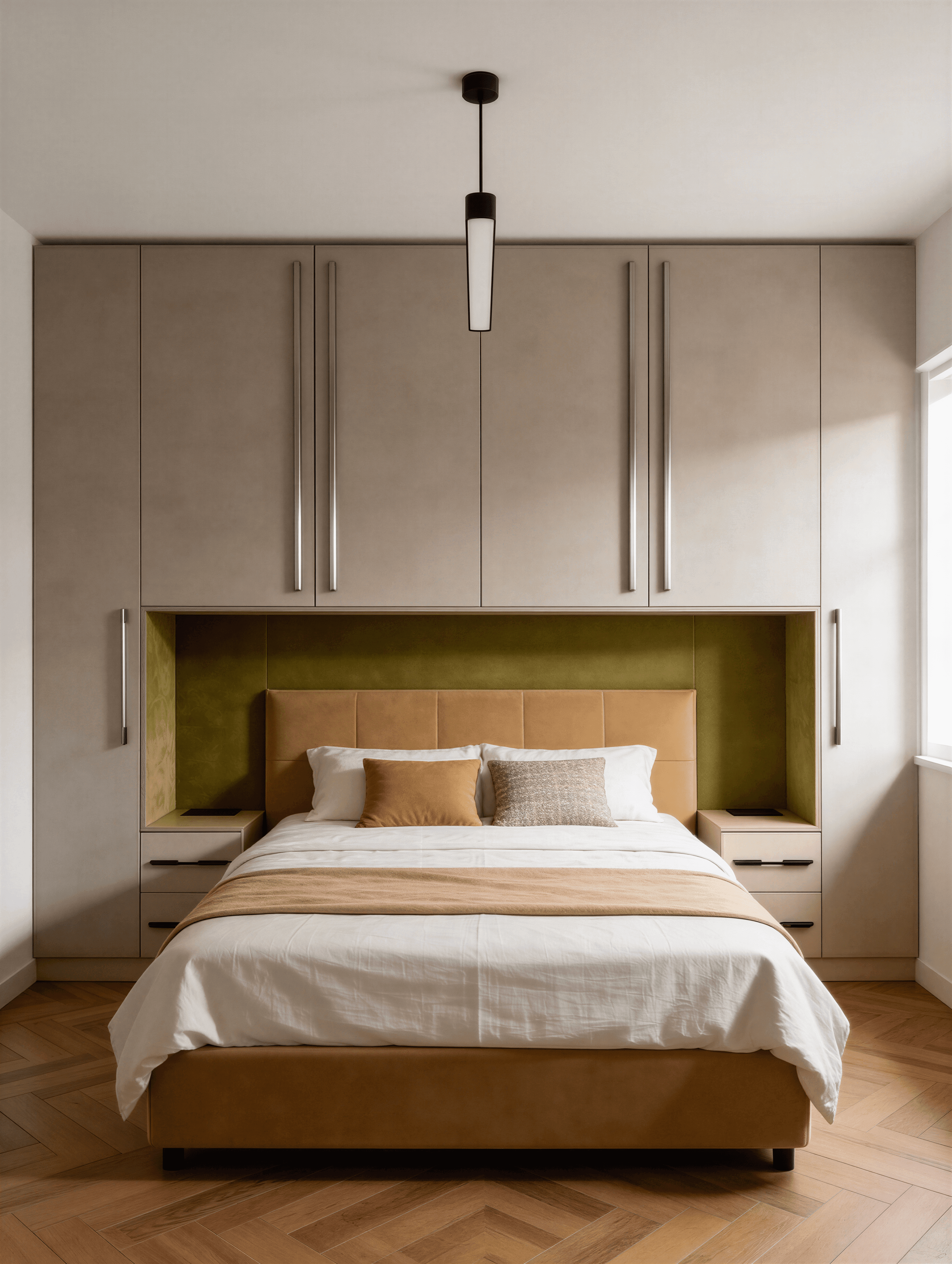 Dormitor modern cu dulapuri până în tavan, tăblie capitonată verde măsliniu și iluminare discretă.