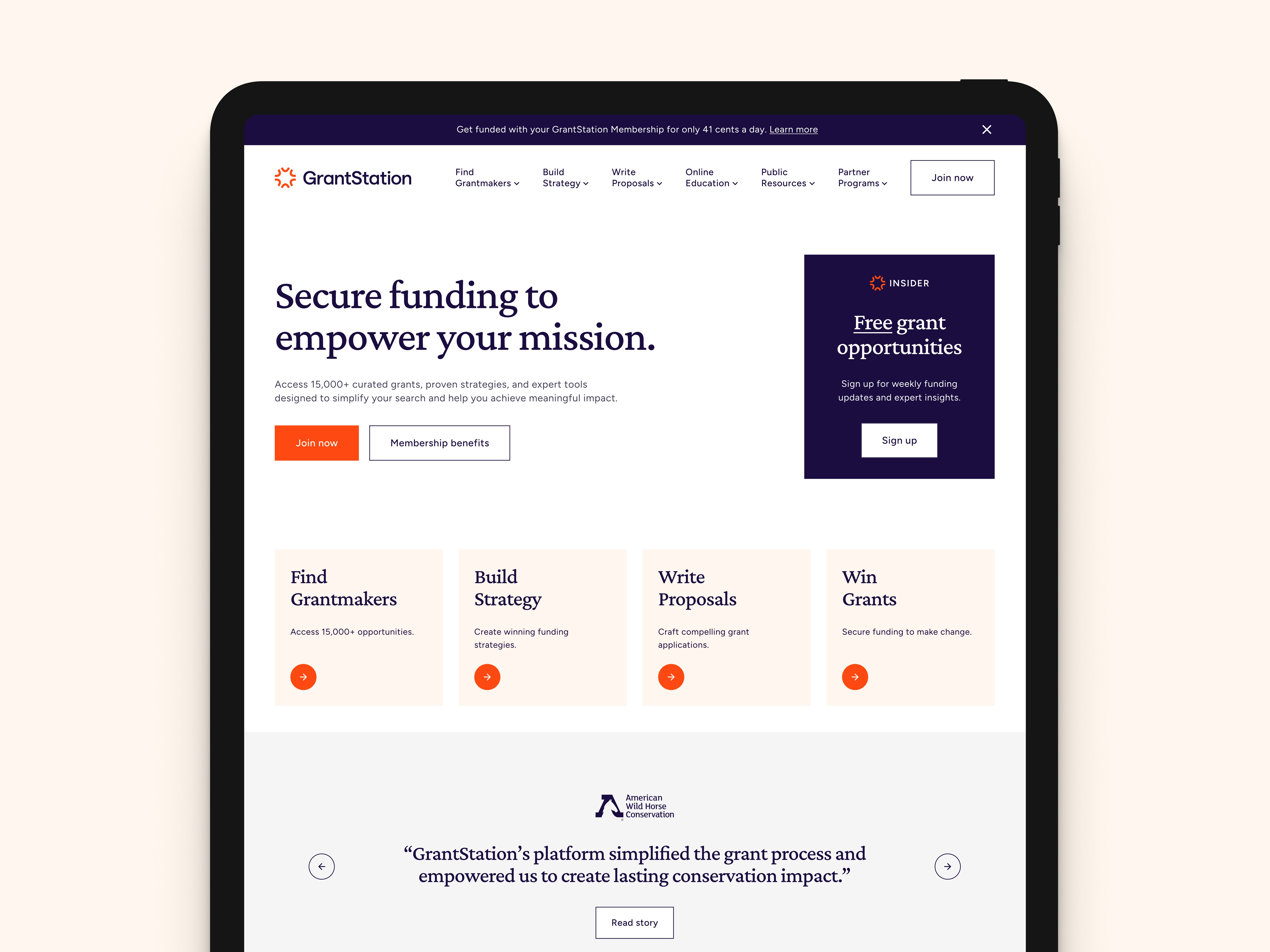 GrantStation homepage organizing funding discovery, educational resources, strategic tools, and membership pathways.