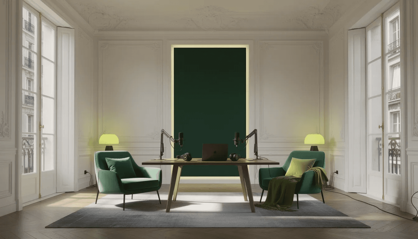 L'image représente l'intérieur d'un appartement haussmannien élégant à Paris, avec des moulures ornées et de grandes fenêtres laissant entrer une lumière naturelle. Cet espace haut de gamme évoque un studio de podcast idéal pour des entrepreneurs désireux de partager leurs récits et conseils dans le monde du business.