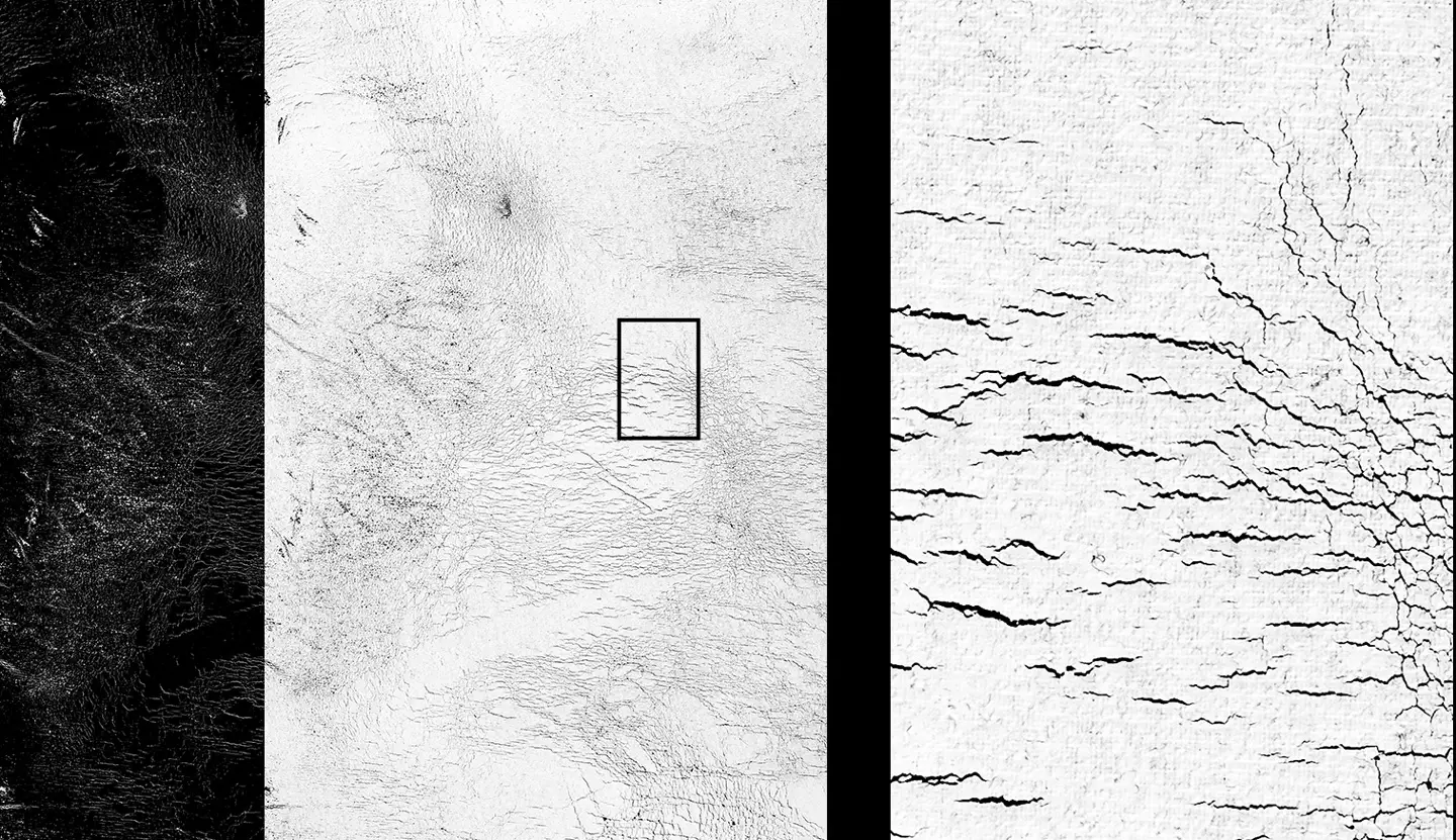 Collection preview of cracked plastisol ink textures with detailed screen printed crack patterns