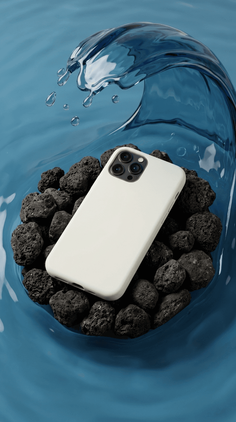 White phone case on black rocks, surrounded by water
