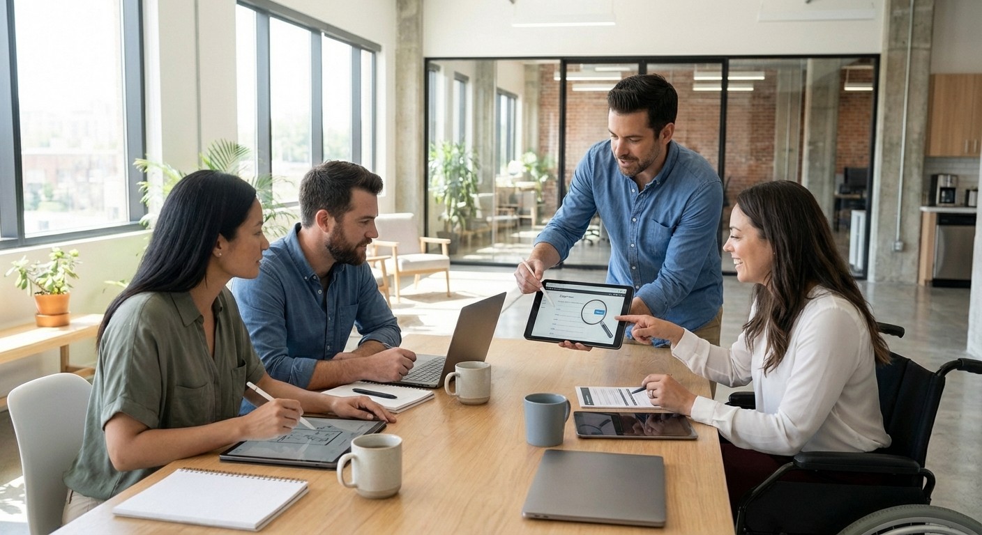 A close-up view of a person holding an "Actionable Insights Brief" document featuring yellow and gray data visualizations, bar charts, and key metrics. A small succulent plant in a white pot and a laptop are visible on the minimalist white desk by a window.
