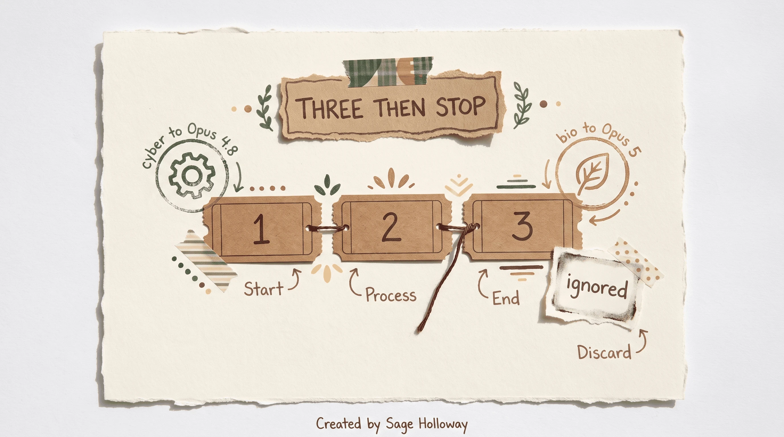 Scrapbook diagram of Claude Code fallback model chains capped at three plus content-triggered safety hops