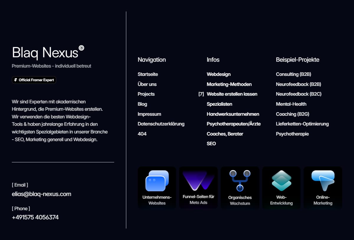 Ein Beispiel für einen footer auf einer website, darkmode
