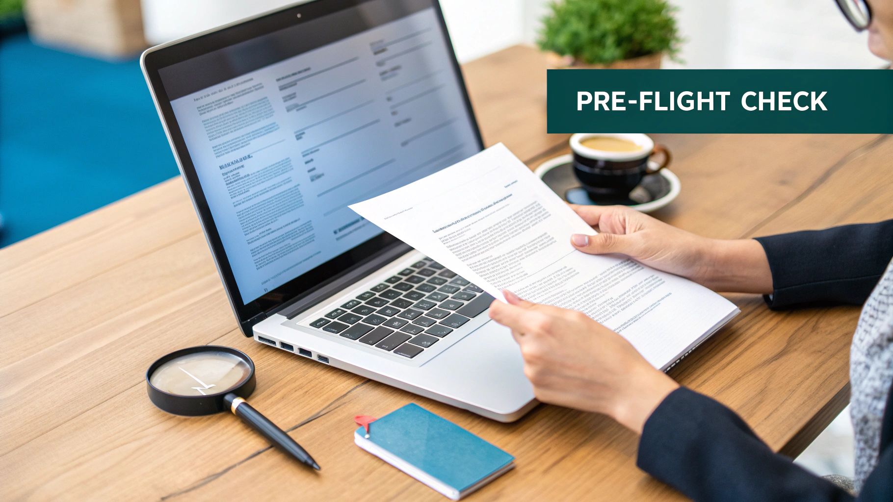 A person conducts a pre-flight check, carefully reviewing documents next to a laptop and coffee.