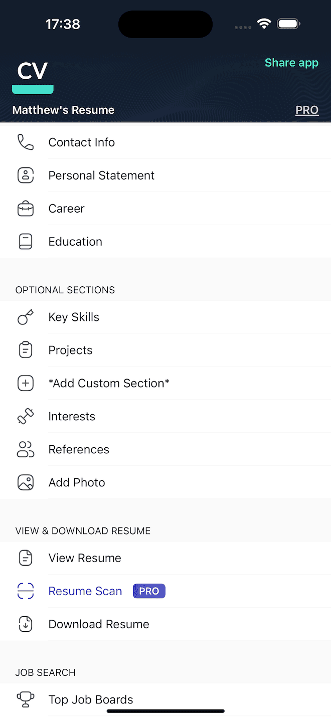 Main menu of the CV Engineer iOS app