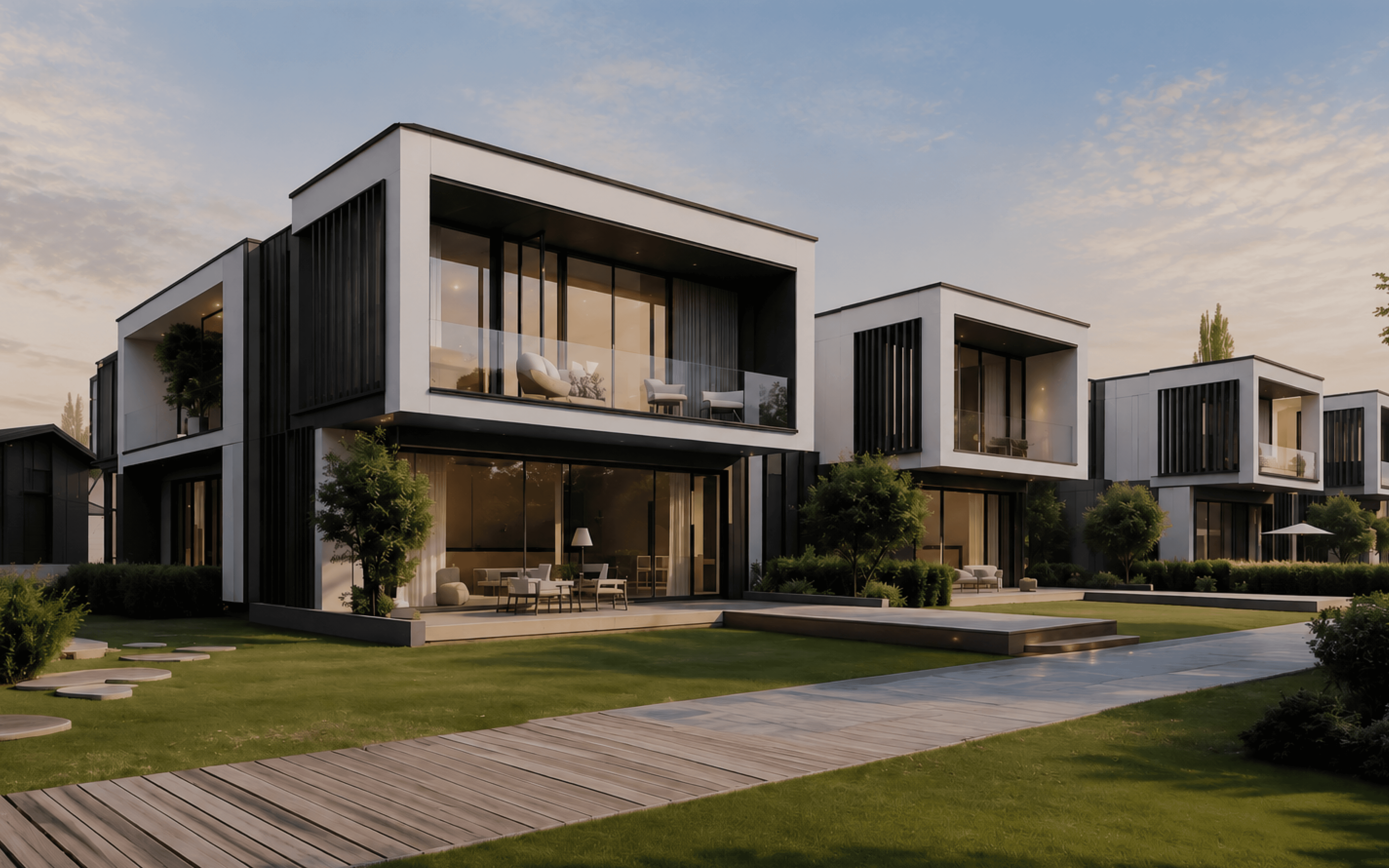 Row of modern two-story houses with large glass windows and balconies, surrounded by greenery.