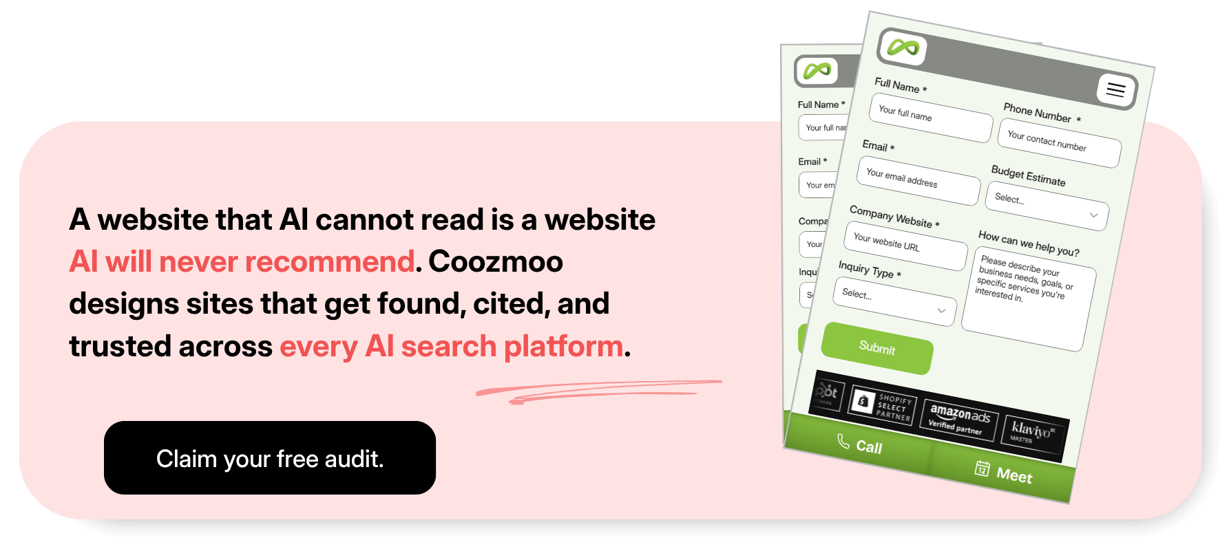 CTA block to claim a free AI Web design Audit from Coozmoo for Web Design services