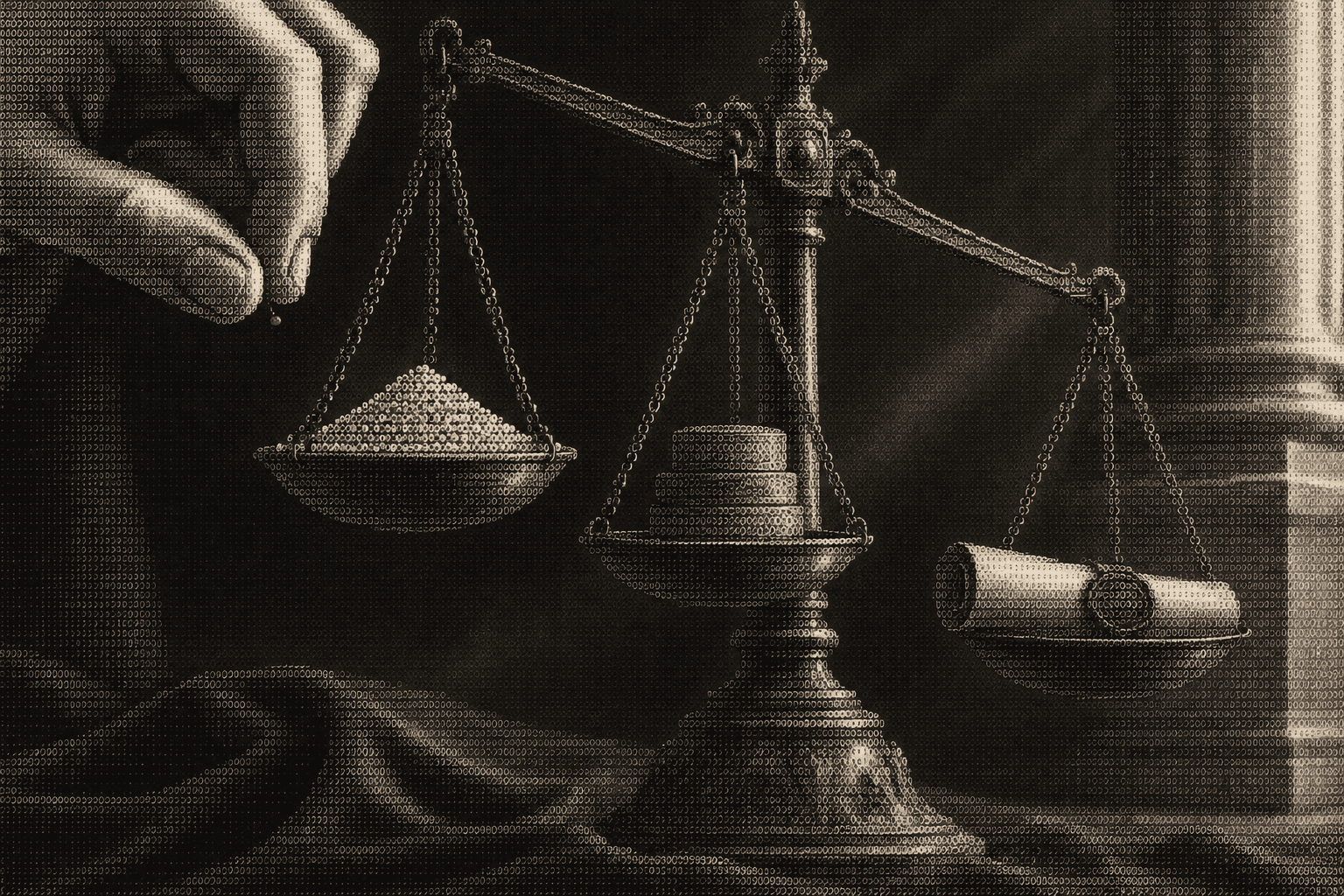 A sculpted thumb and forefinger pinching a single red grain above one of three pans of a classical balance