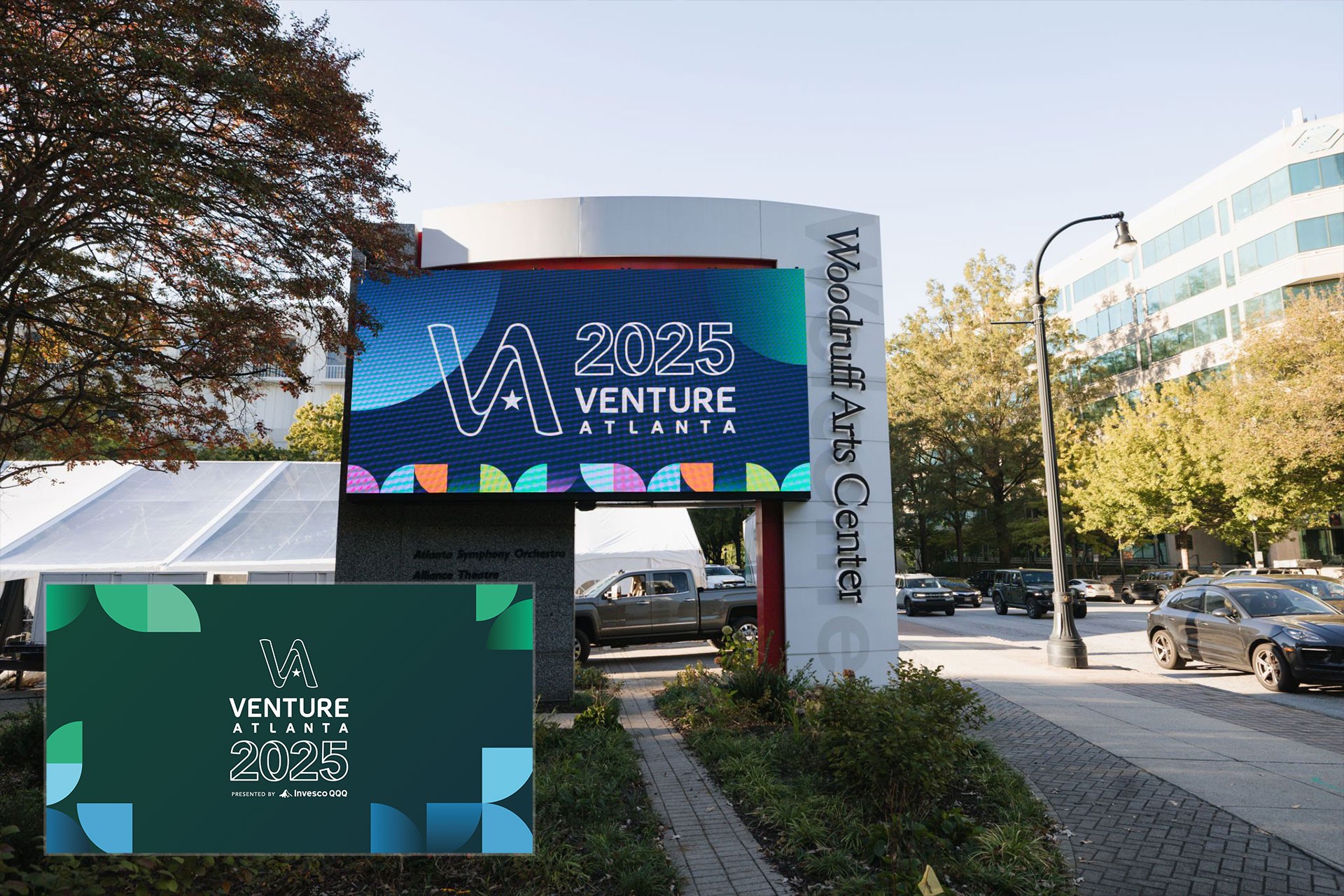 Environmental Alignment. Designing custom lobby graphics (inset) to bridge the new visual system with the pre-existing marquee branding, ensuring a consistent identity as attendees transitioned into the space.