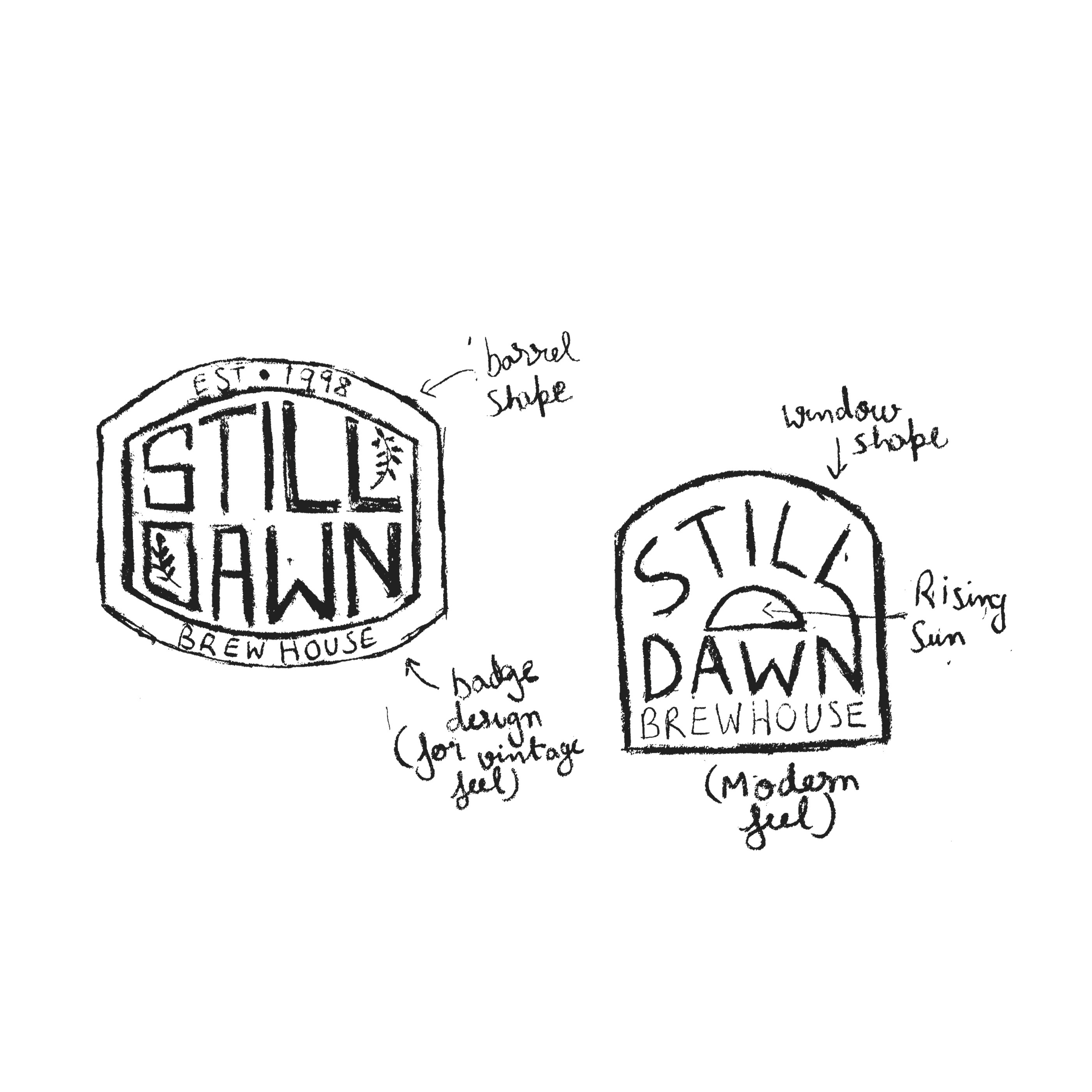 Early pencil exploration of the Still Dawn Brewhouse logo on a white page.