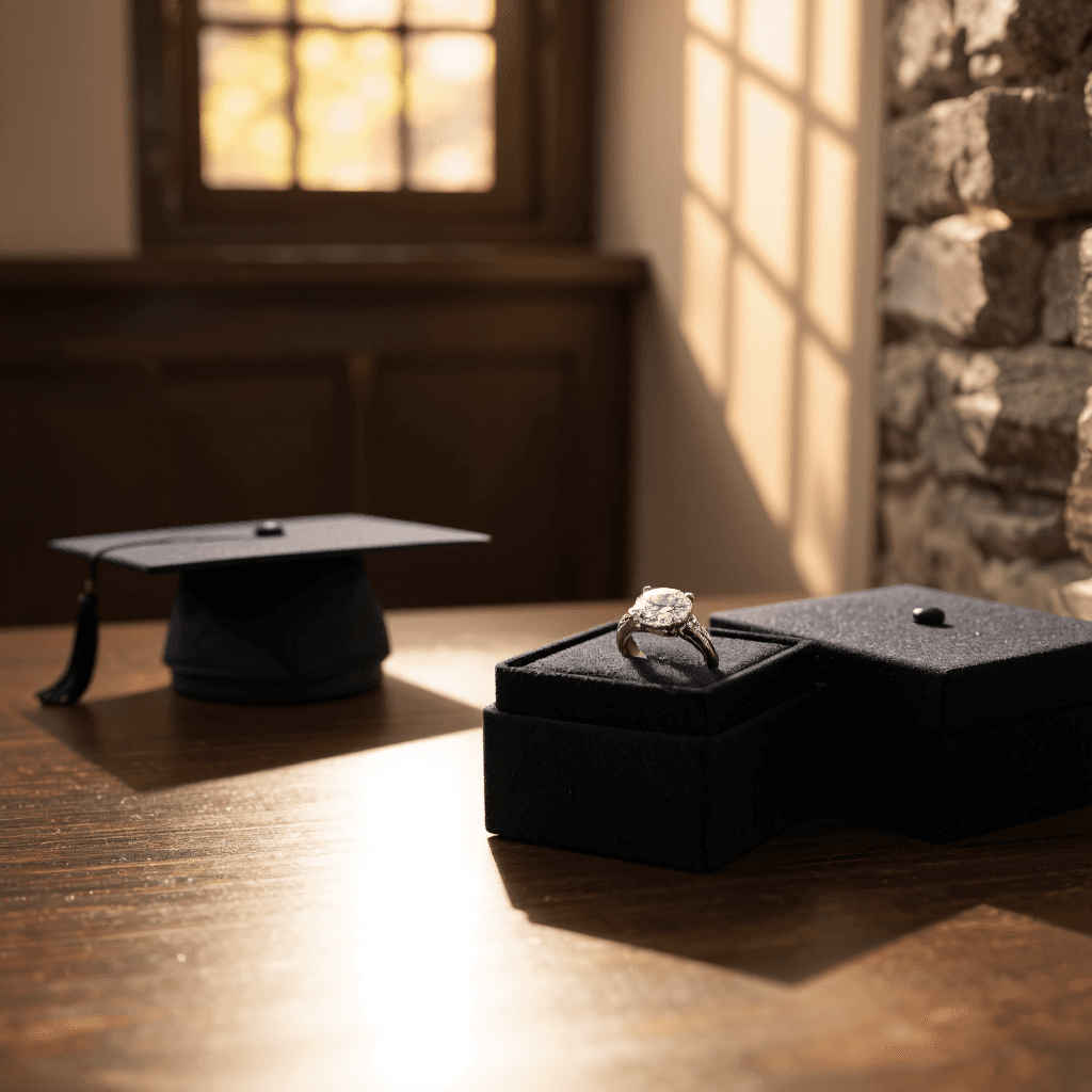product photography of a ring in a graduation cap-shaped box, typically used for proposals or special occasions