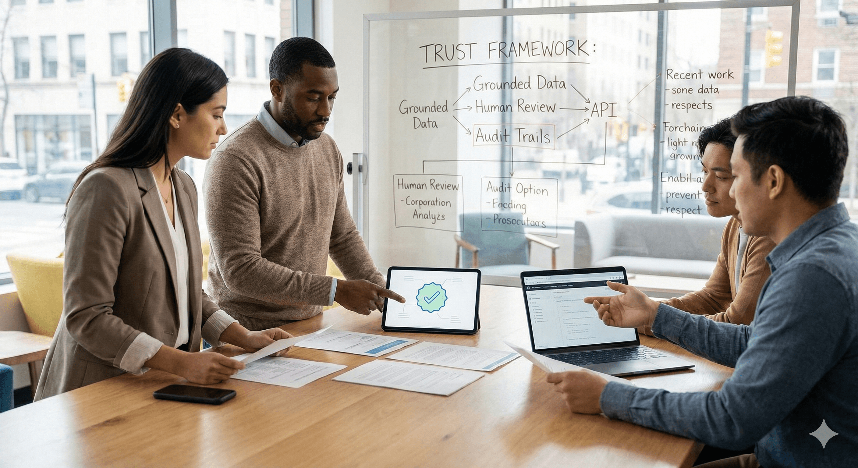 A diverse group of professionals engaged in a discussion around a conference table with laptops and tablets, analyzing the concept of trust in AI through a whiteboard that outlines a trust framework, illustrating strategies for safely scaling AI within a corporate environment.