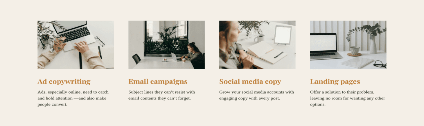 A service section editor, showing how you can highlight what you offer and convince potential clients to choose you with Copyfolio.