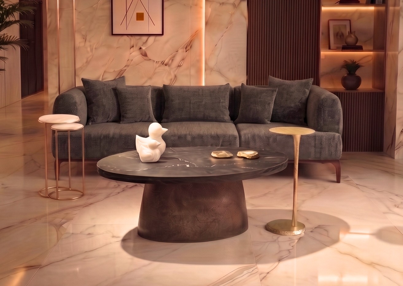 Deep-seated grey fabric seating with loose back cushions and exposed wooden feet
