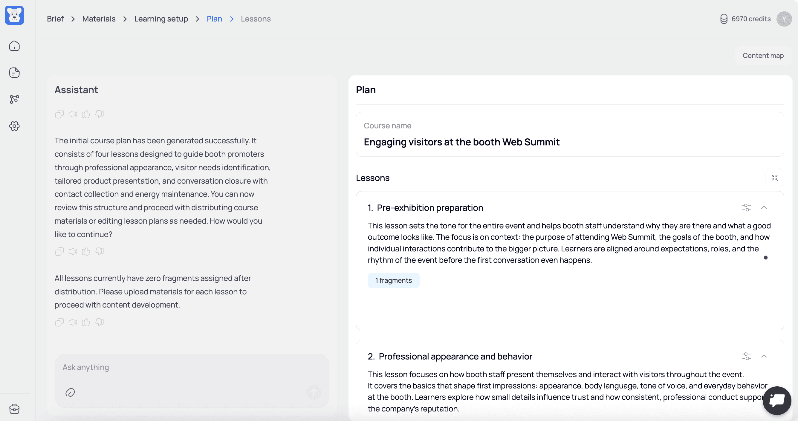 AI course creator screen showing a structured course plan for booth staff training