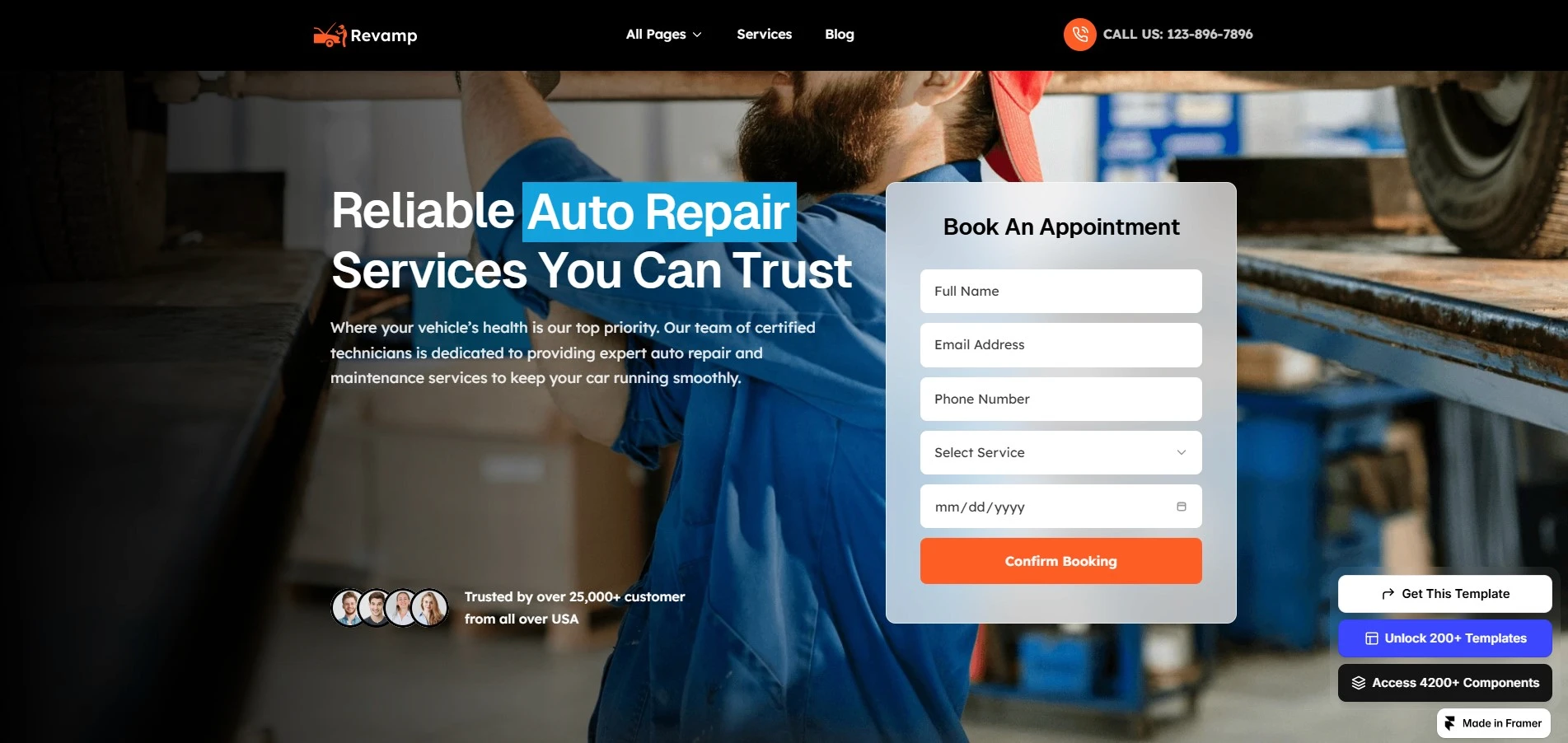 Revamp car workshop Framer template with modern auto service website design