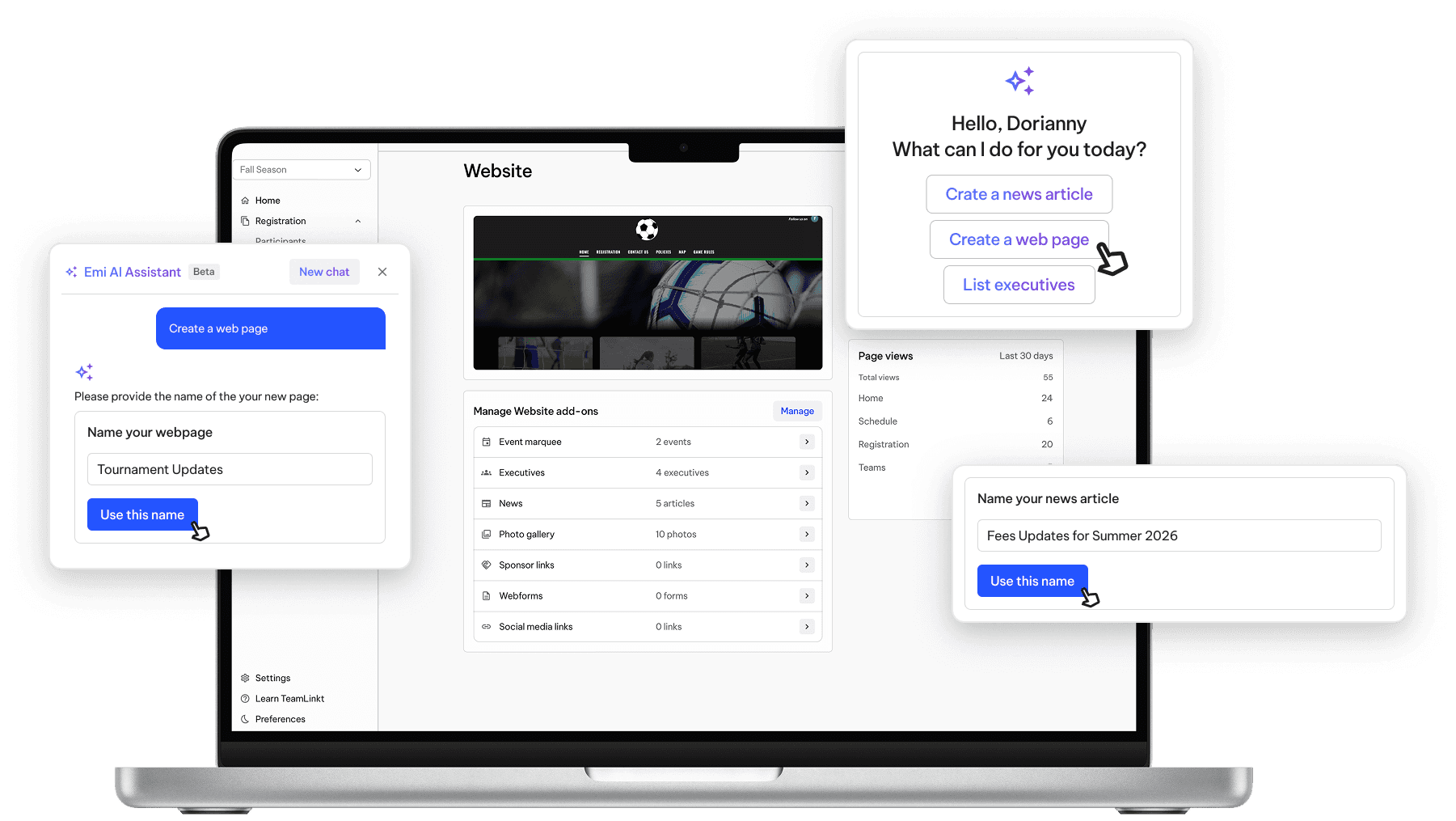 TeamLinkt's Soccer Website Builder with Emi AI Assistant Tool