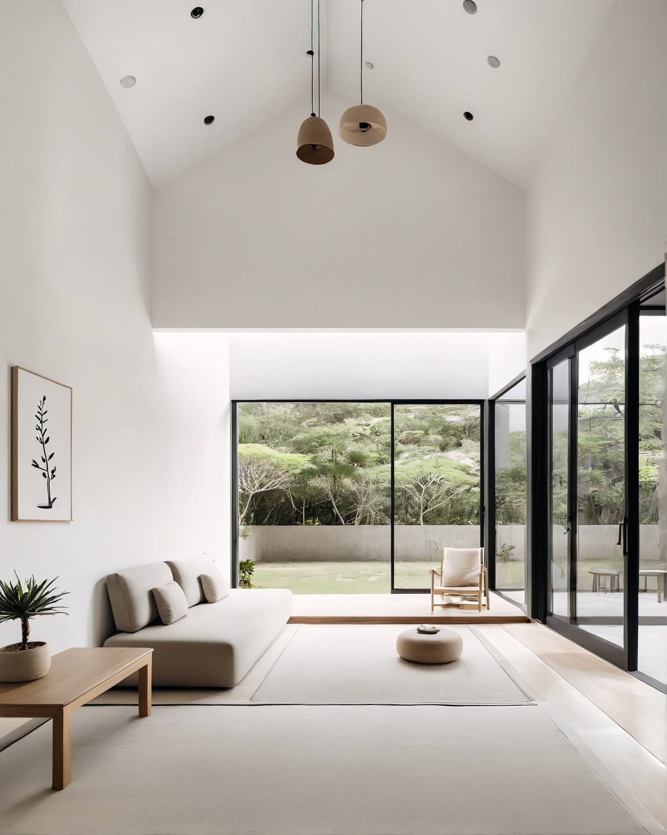 Full-height windows overlooking greenery with built-in seating