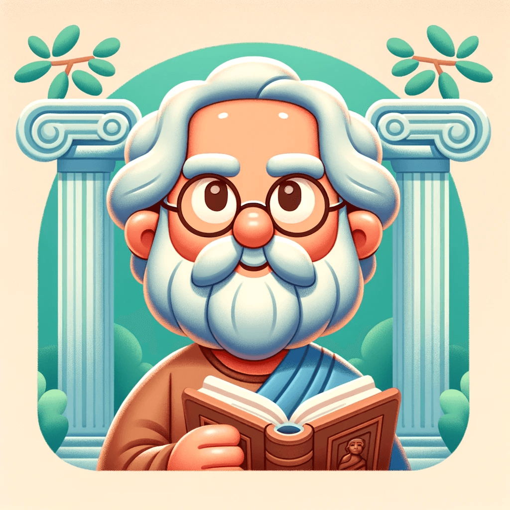 Illustration of a wise scholar character with round glasses and a blue hat, header banner for Aistote terms of service