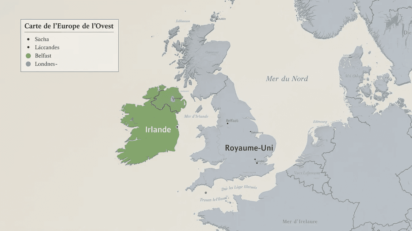 L'image montre une carte de l'Irlande et du Royaume-Uni, mettant en évidence l'Irlande du Nord au nord de l'île. Cette représentation géographique peut être utile pour comprendre les implications fiscales, comme celles liées à la TVA en Irlande et au Royaume-Uni.