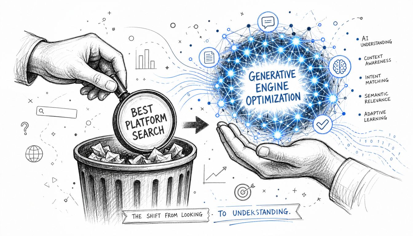 A hand placing a traditional platform search into a trash can while another hand holds a neural network.