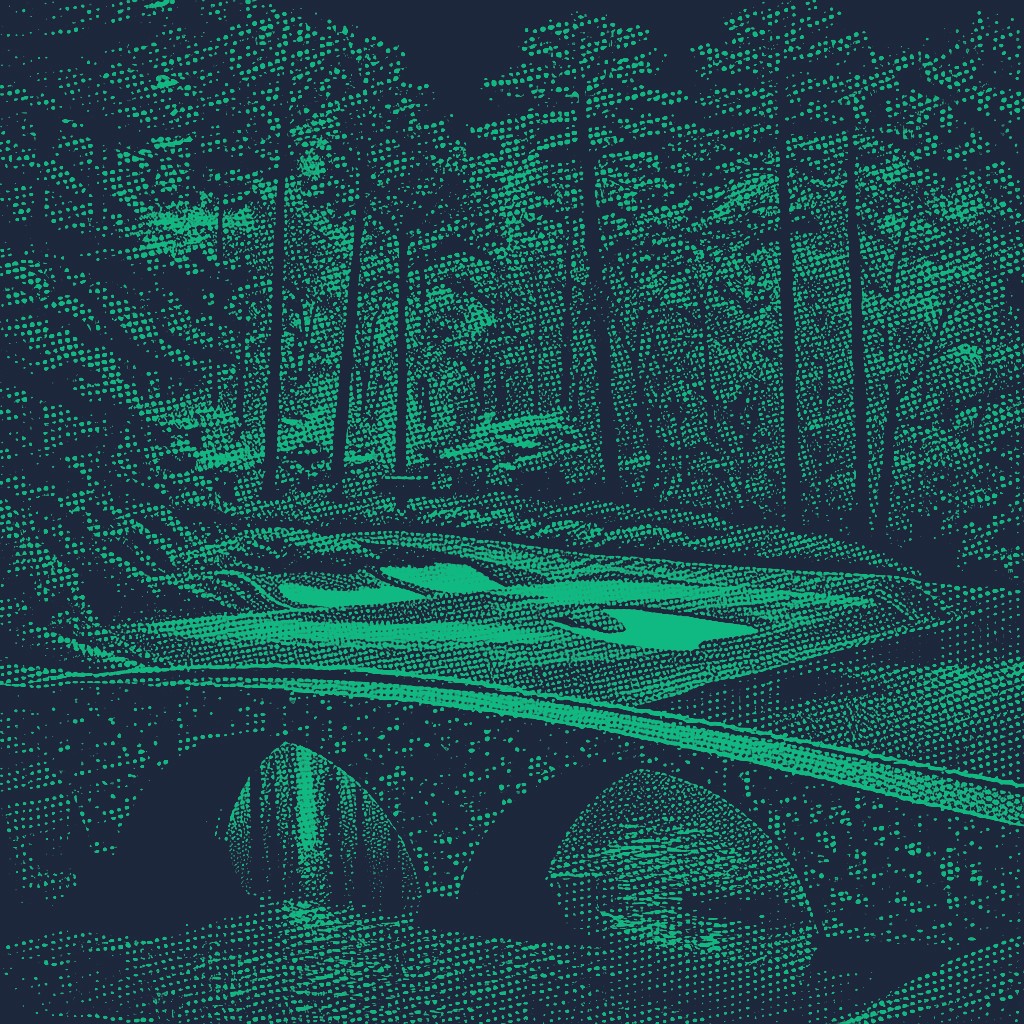 A stylized, two-tone halftone illustration of the 12th hole at Augusta National. The teal and navy graphic features the iconic Hogan Bridge in the foreground crossing Rae's Creek, with the green and surrounding bunkers nestled among tall pines in the background.