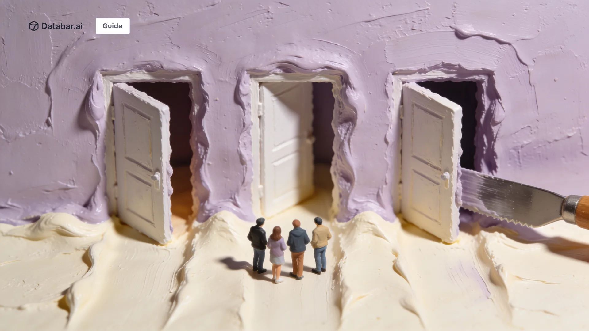 Impasto illustration of tiny figures choosing between three doorways — MCP vs SDK vs API for GTM workflows