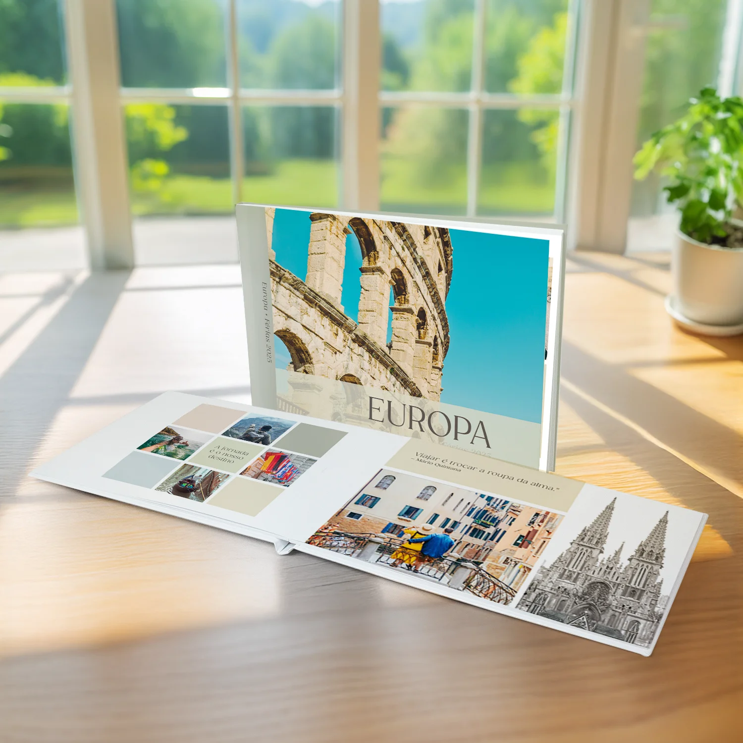 Fotolivro de capa dura no tamanho 20x20cm aberto e fechado em loop.