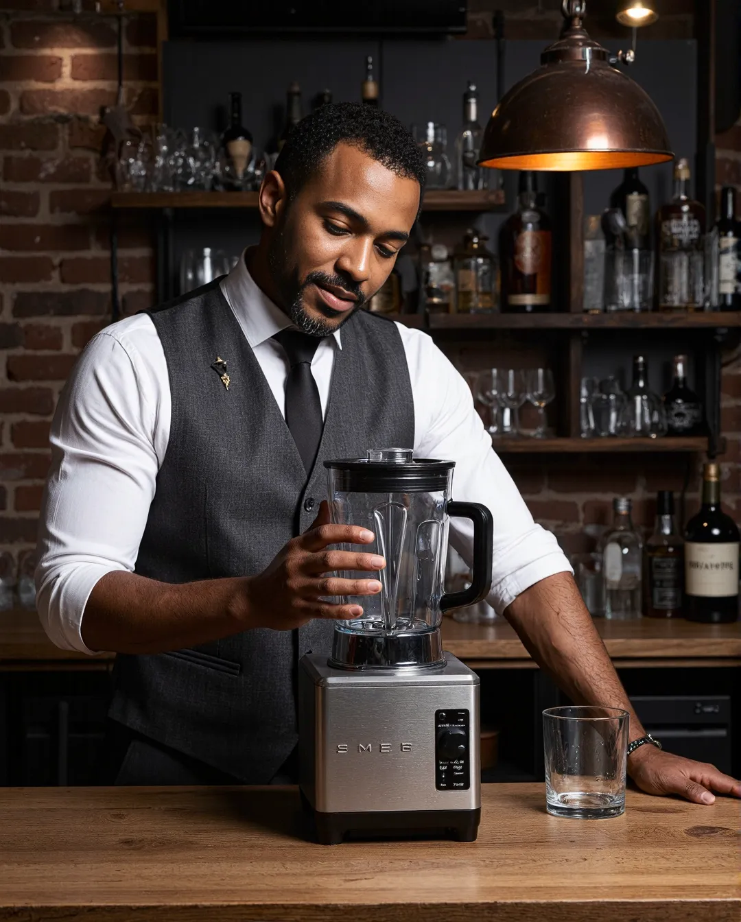 Bartender in elegant attire using a SMEG blender at a bar counter with wooden surface, copper pendant light, and bottles displayed behind.