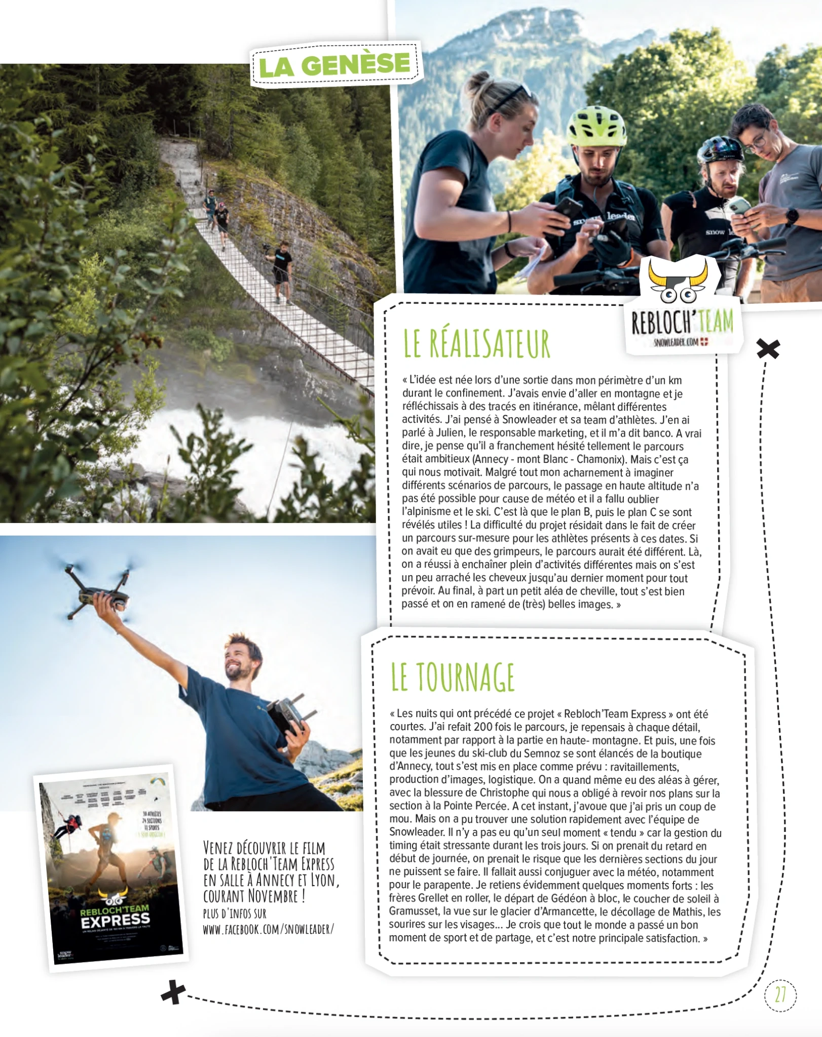 Page magazine présentant les coulisses du tournage Rebloch’Team Express par Outdoor Perspectives.