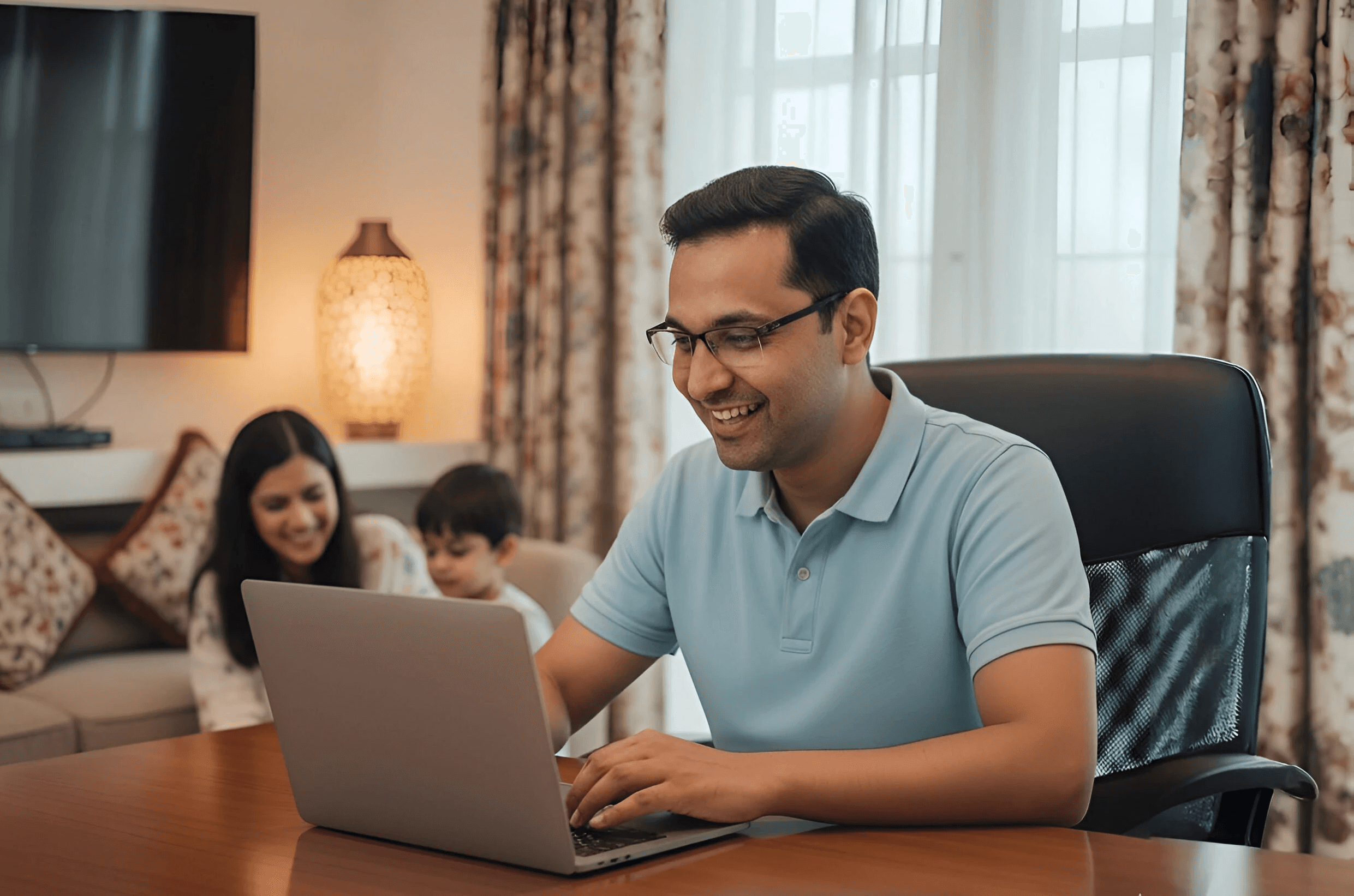 Man smiling at his laptop after receiving a 'HUF Account registered' notification.