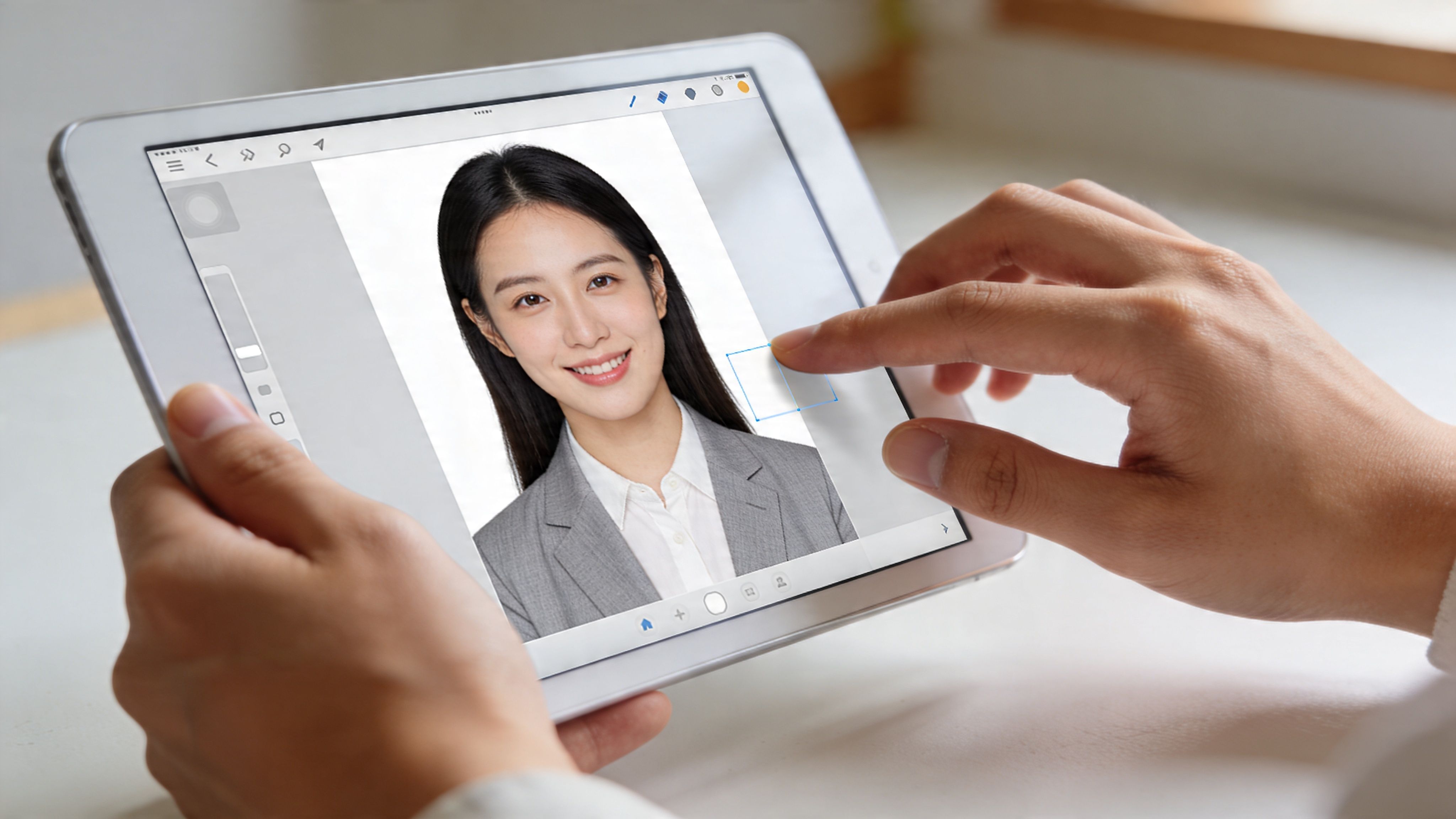 Eine Person nutzt ein Tablet, um ein professionelles Passfoto für ein Instagram-Profilbild zu bearbeiten.