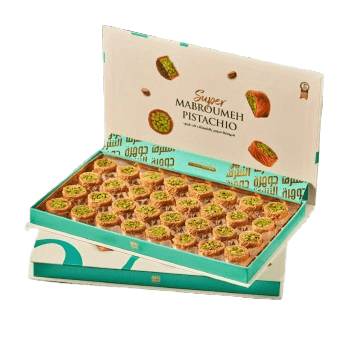 Super Mabroumeh Pistachio gift box with pistachio-topped kataifi rolls, front view