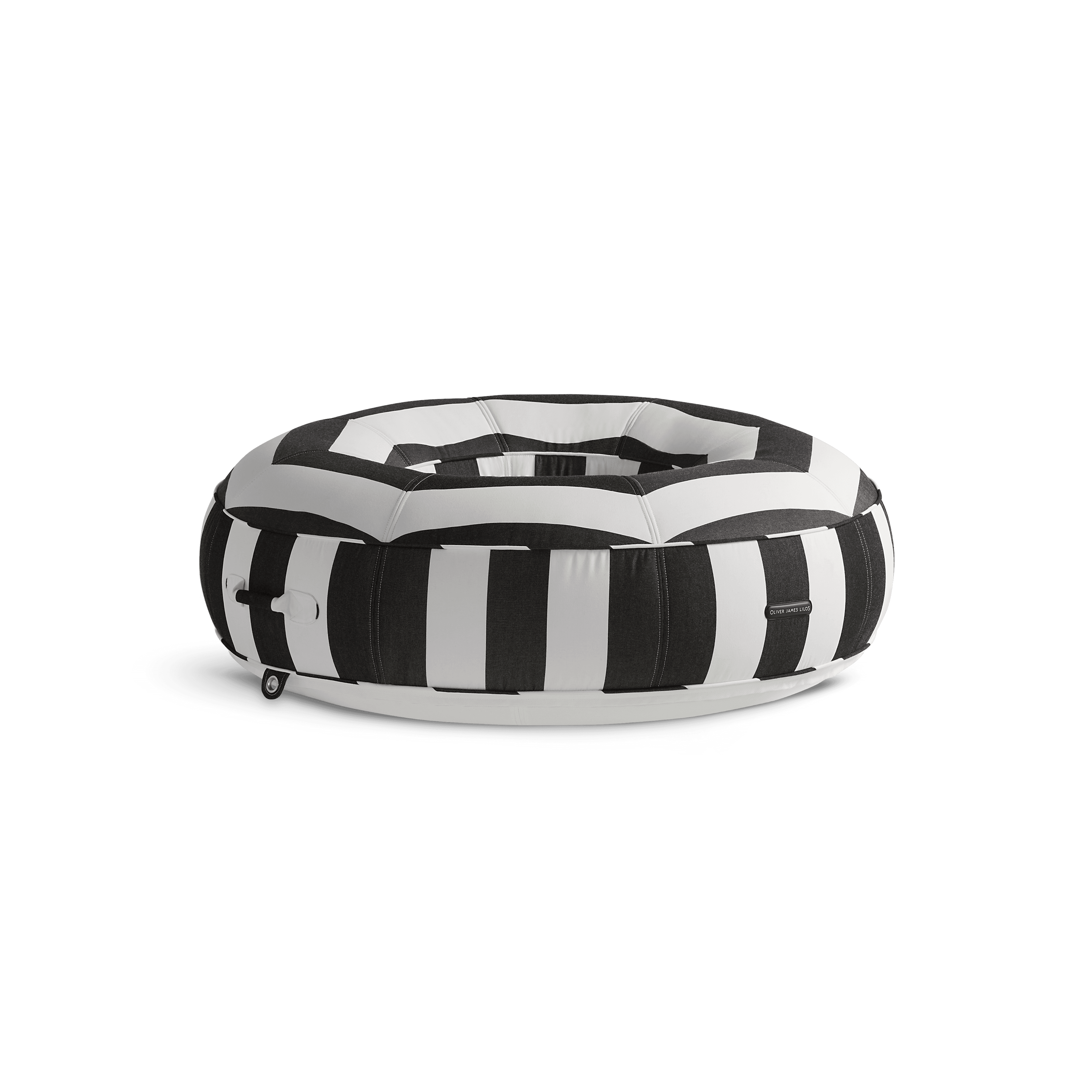 Ring-shaped luxury pool float in black-and-white stripe canvas with quilted panels and matte white base