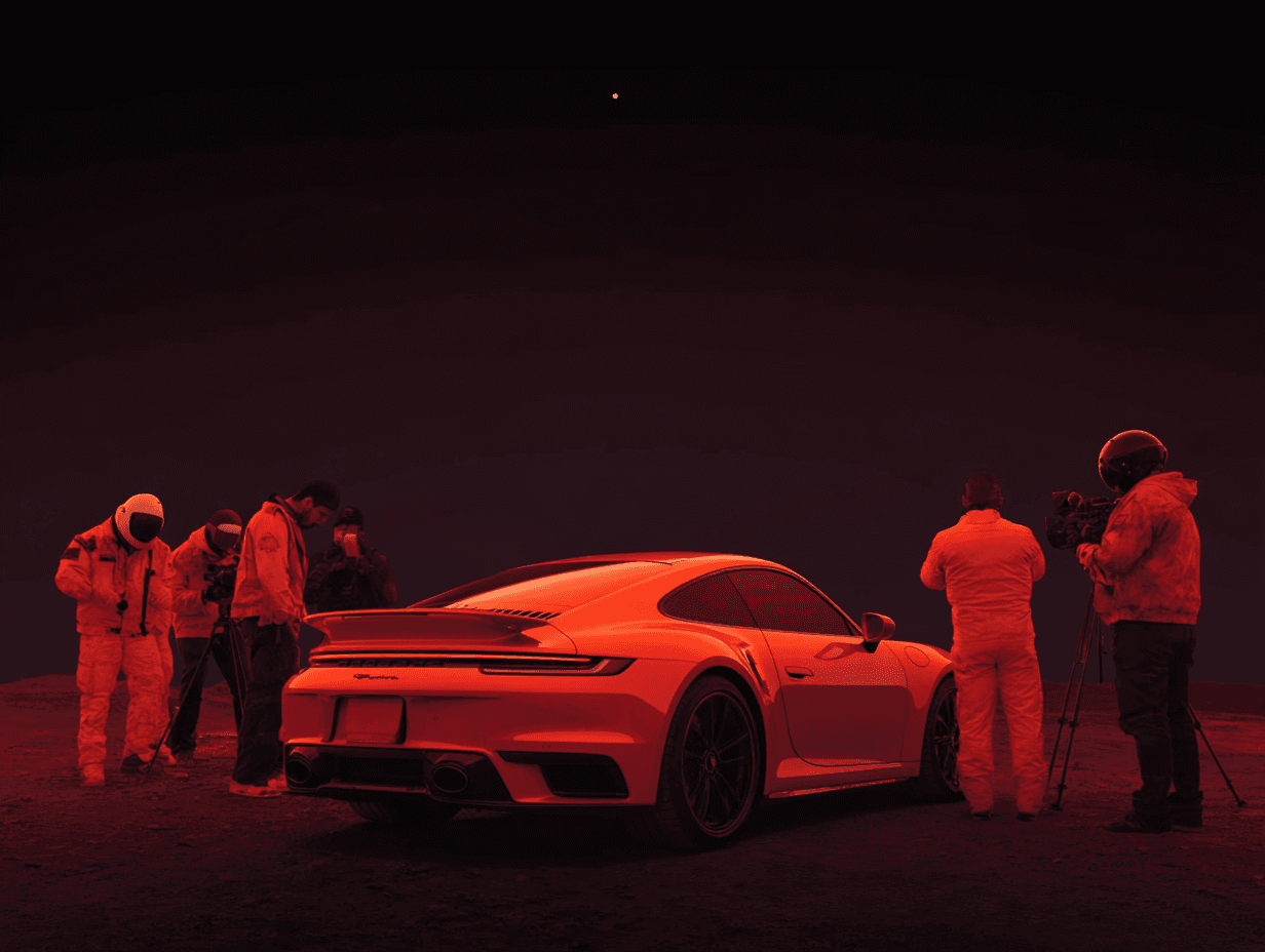 Professionelles Kamerateam bei Porsche-Werbefilm-Produktion mit roter Beleuchtung