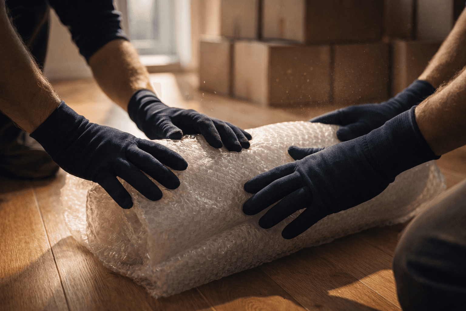 Professionelle Umzugshelfer in Kempten (Allgäu) verpacken Möbel sicher in Luftpolsterfolie für einen reibungslosen Umzug